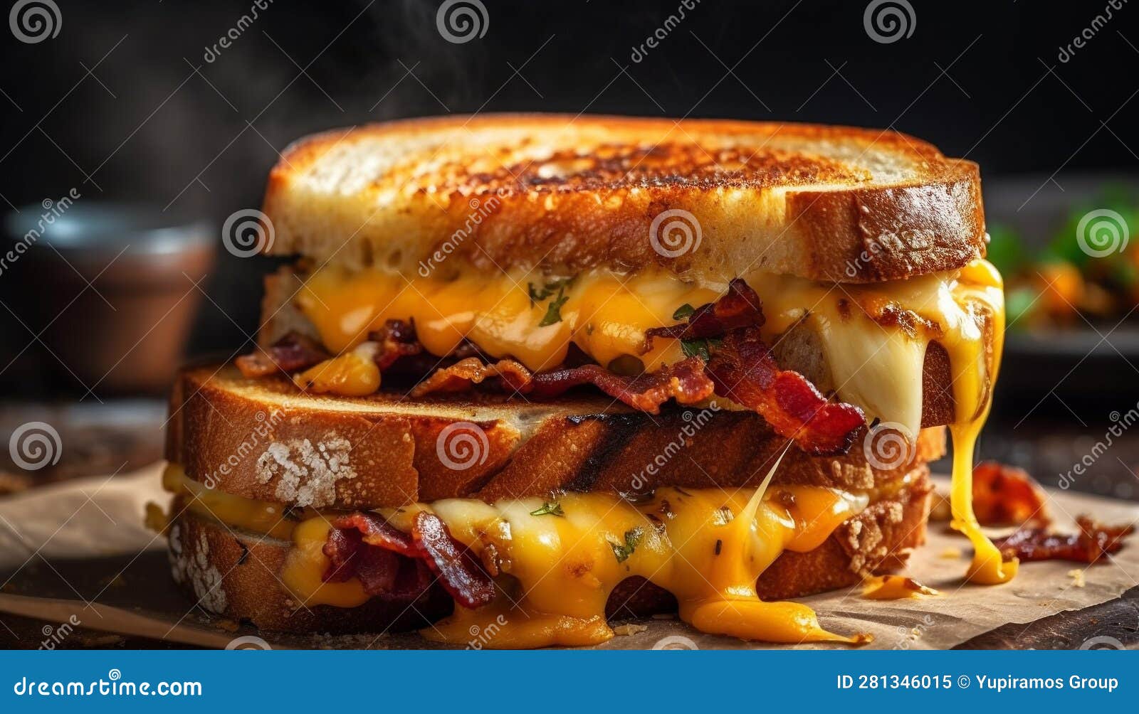 Grilled Meat, Tomato Slice, Toasted Bread, Cheddar Cheese Stack