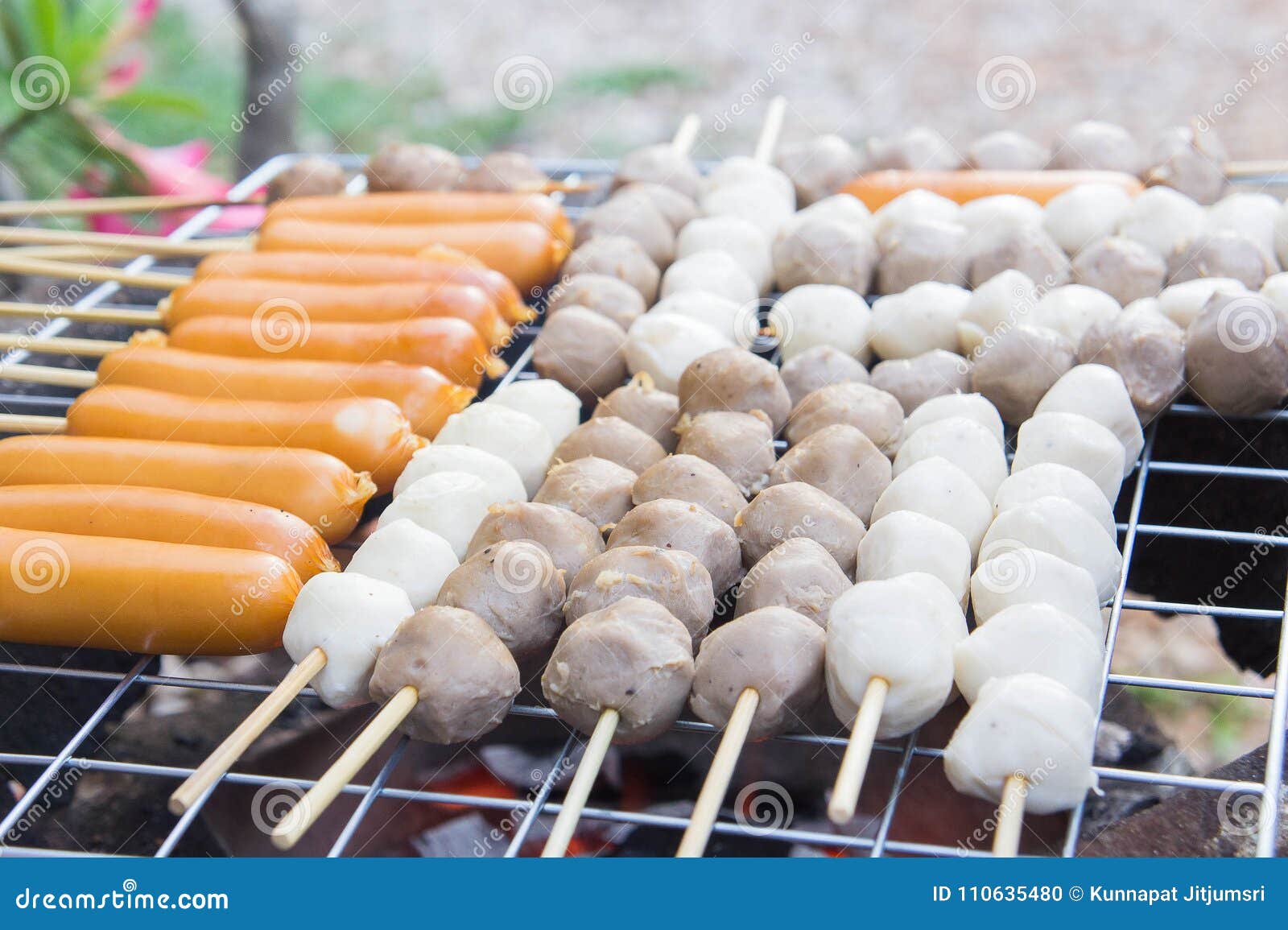 Grilled Meatballs , Grilled Ball on Charcoal Fire Stock Photo Image