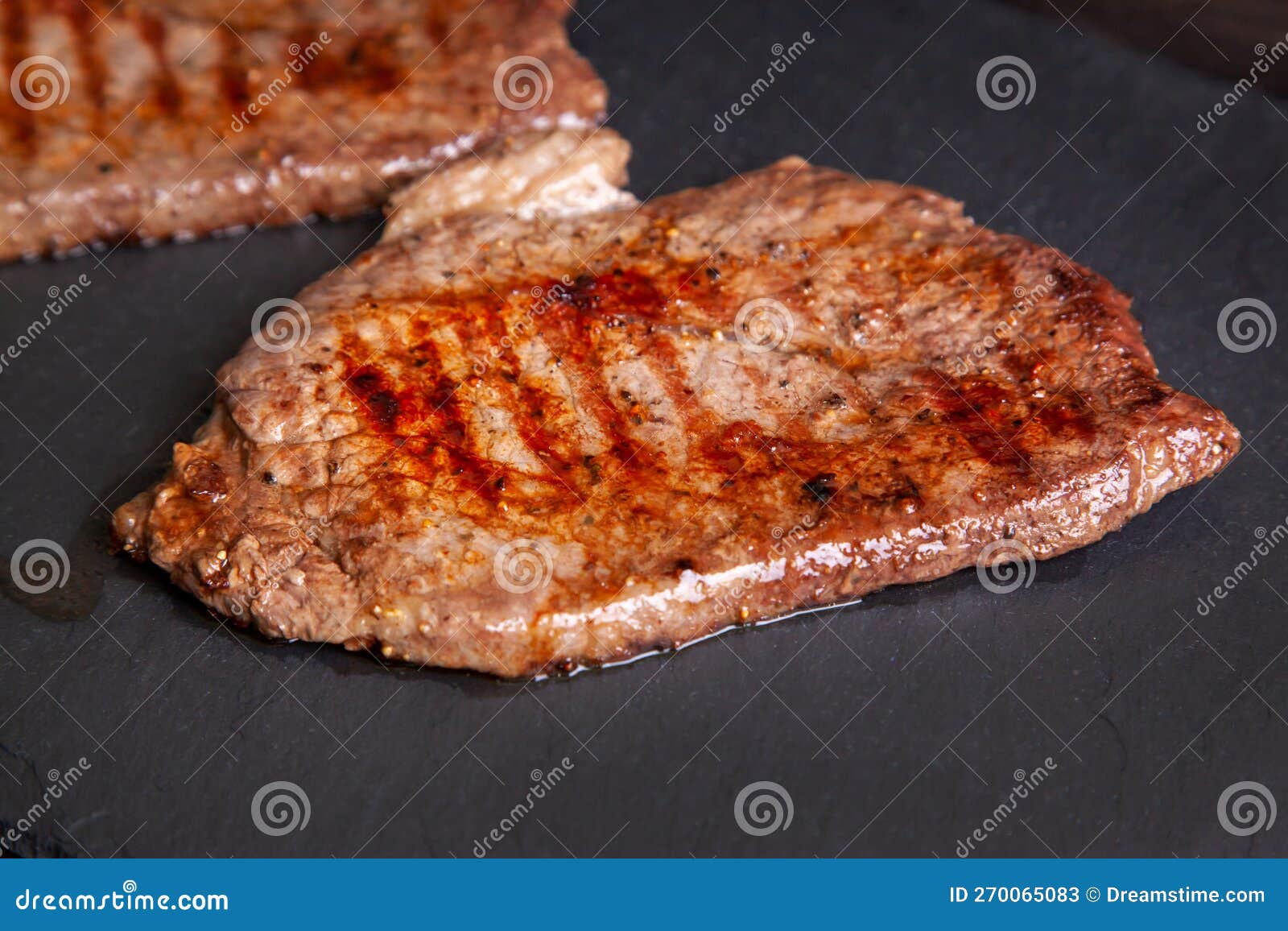 Grilled Minute Steak of Marbled Beef on a Stone Slate Board, Close Up Stock Image Image of