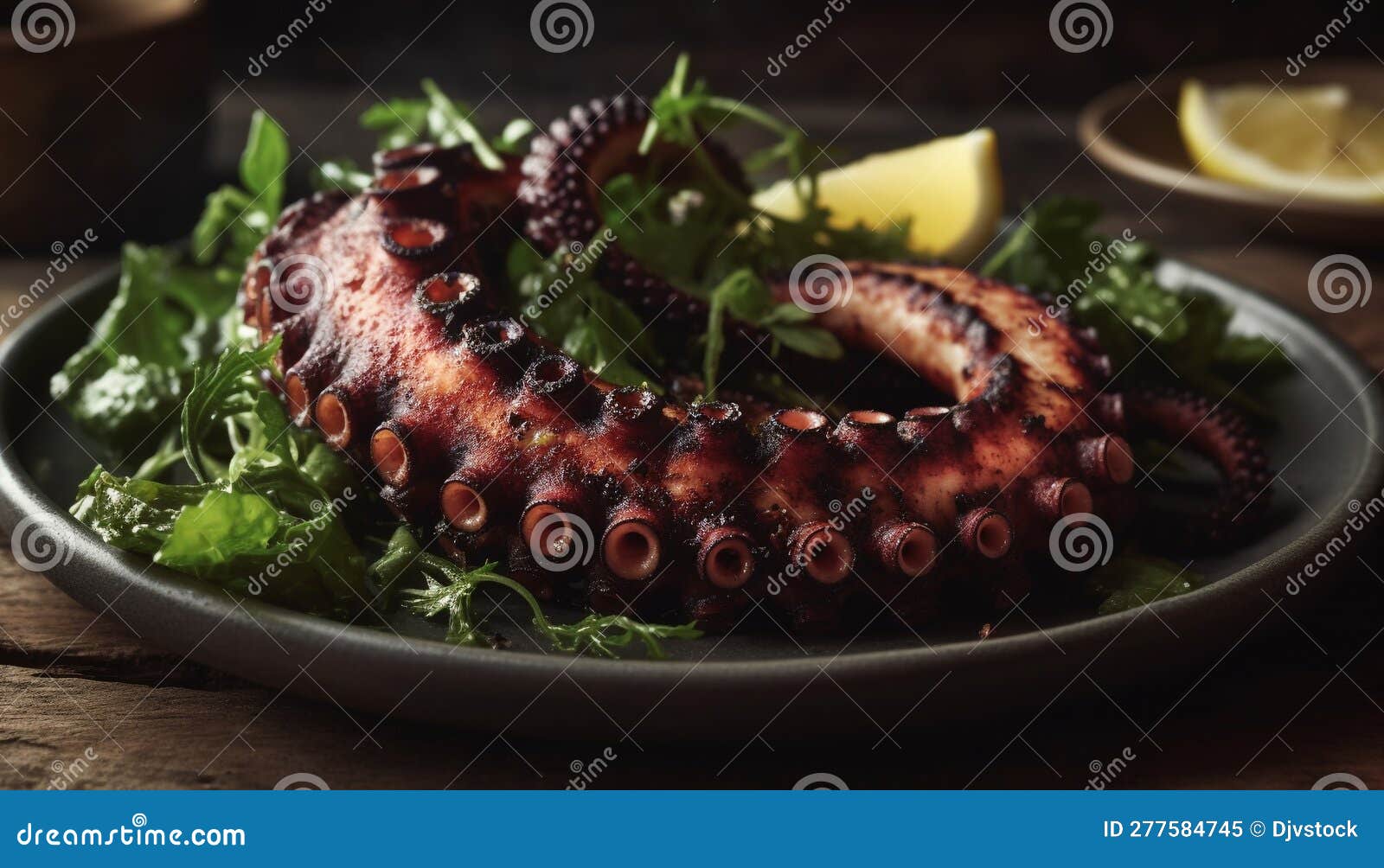 Grilled Octopus Appetizer on a Bed of Fresh Salad Greens Generated by