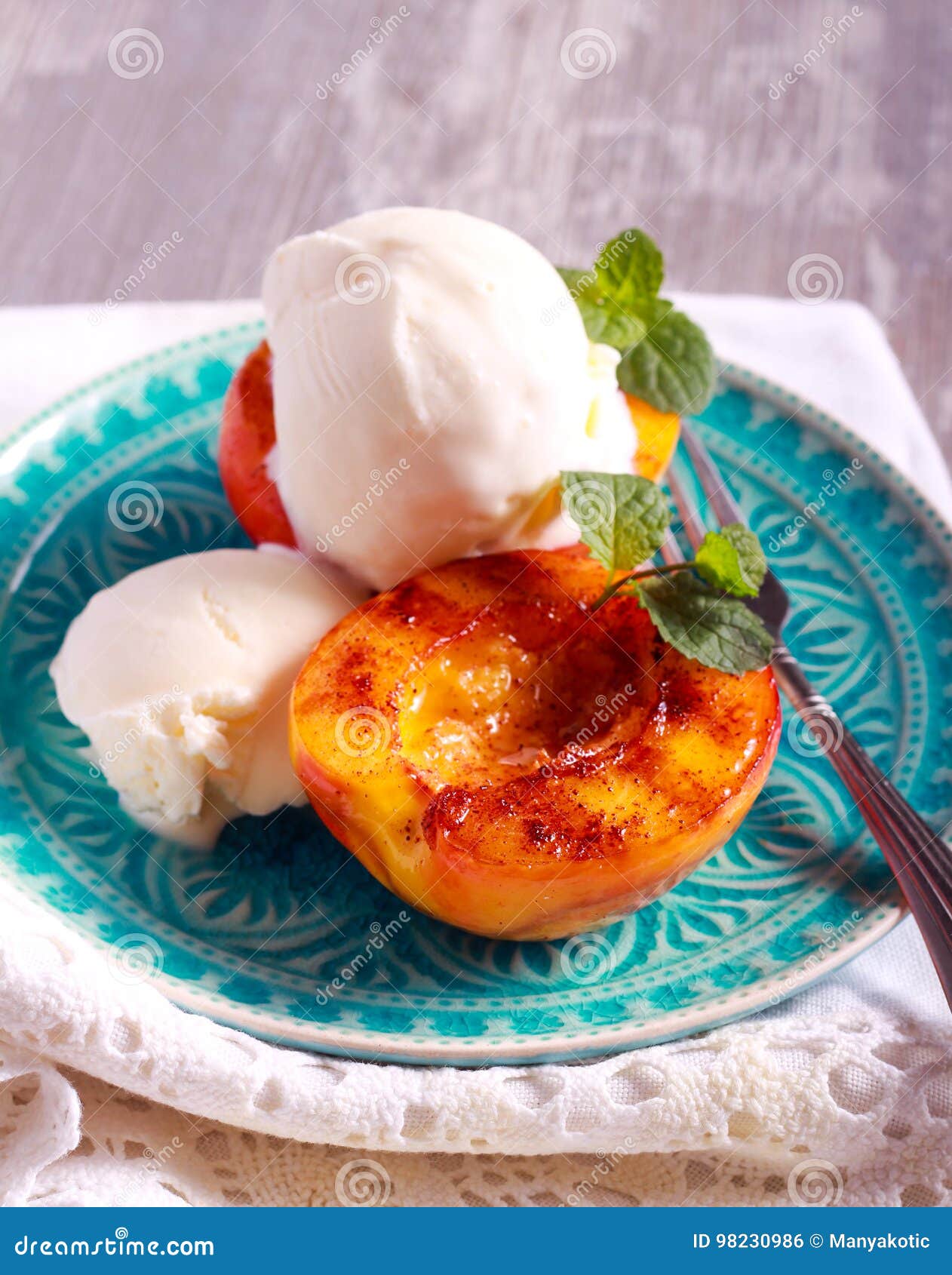 Grilled Peaches and Ice Cream Dessert Stock Photo Image of nectarine