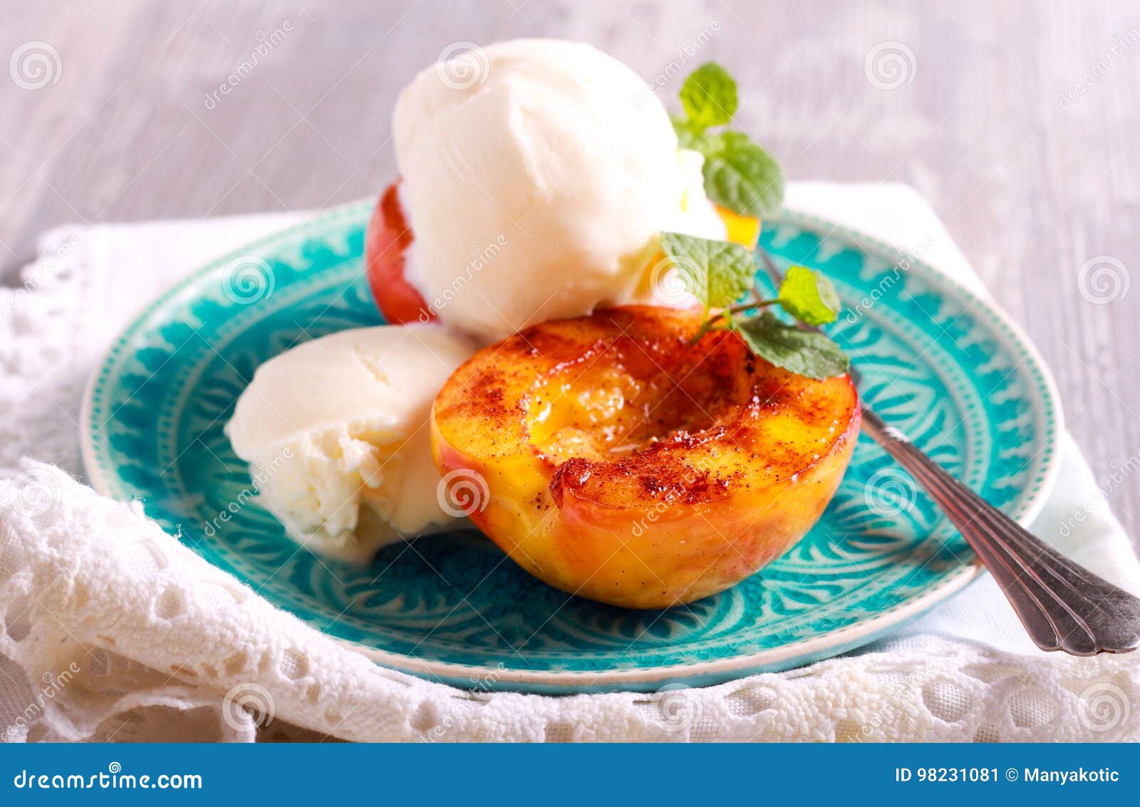 Grilled Peaches and Ice Cream Dessert Stock Image Image of spicy
