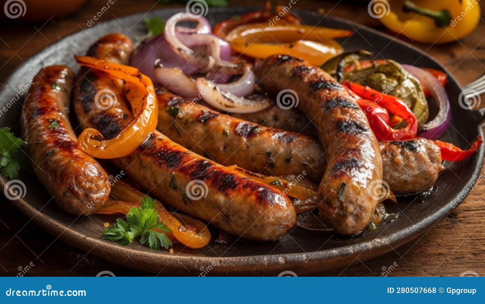 Grilled Pork, Beef, and Bratwurst on Plate Generated by AI Stock