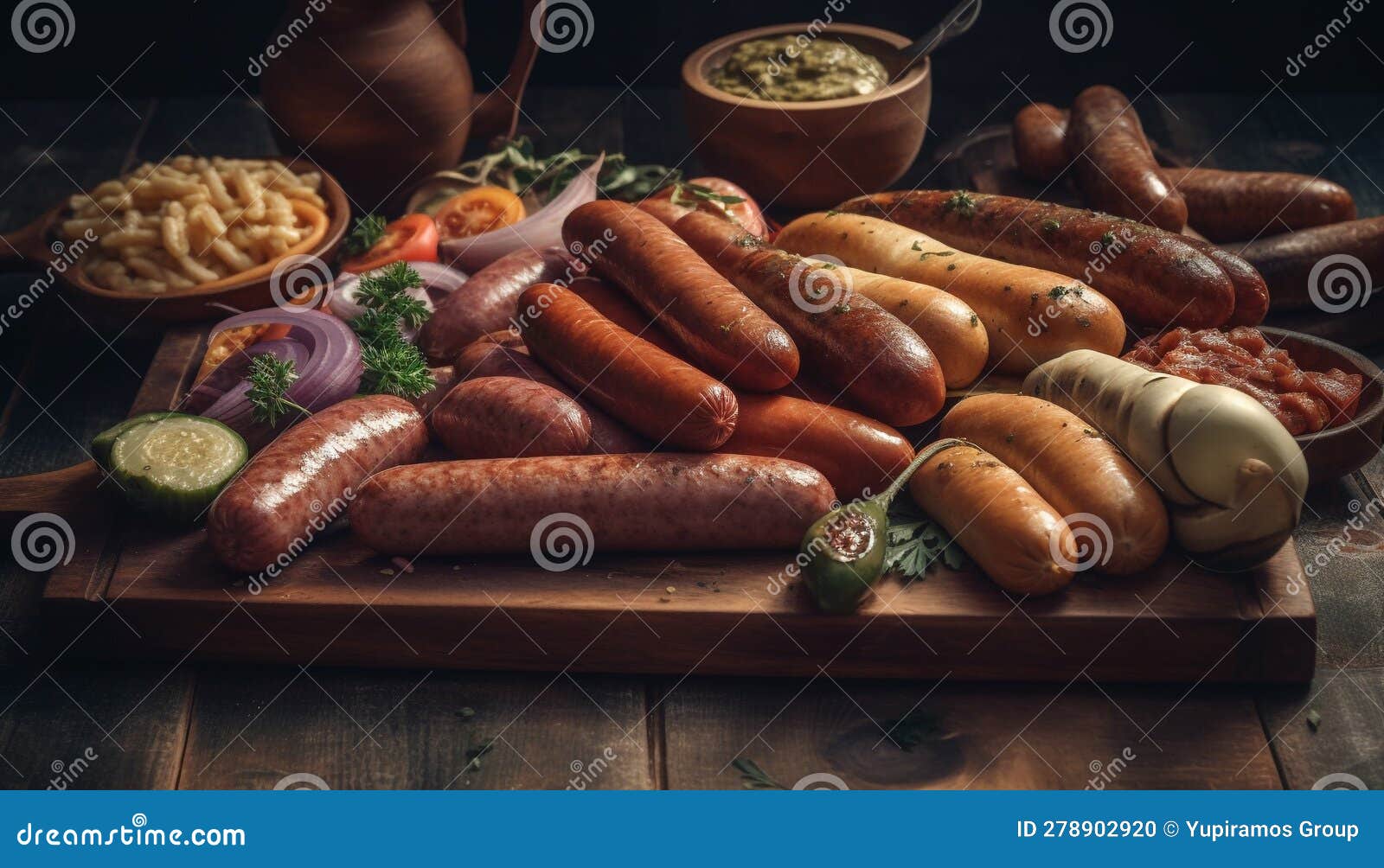 Grilled Pork and Beef Bratwurst on Rustic Wood Plate Generated by AI