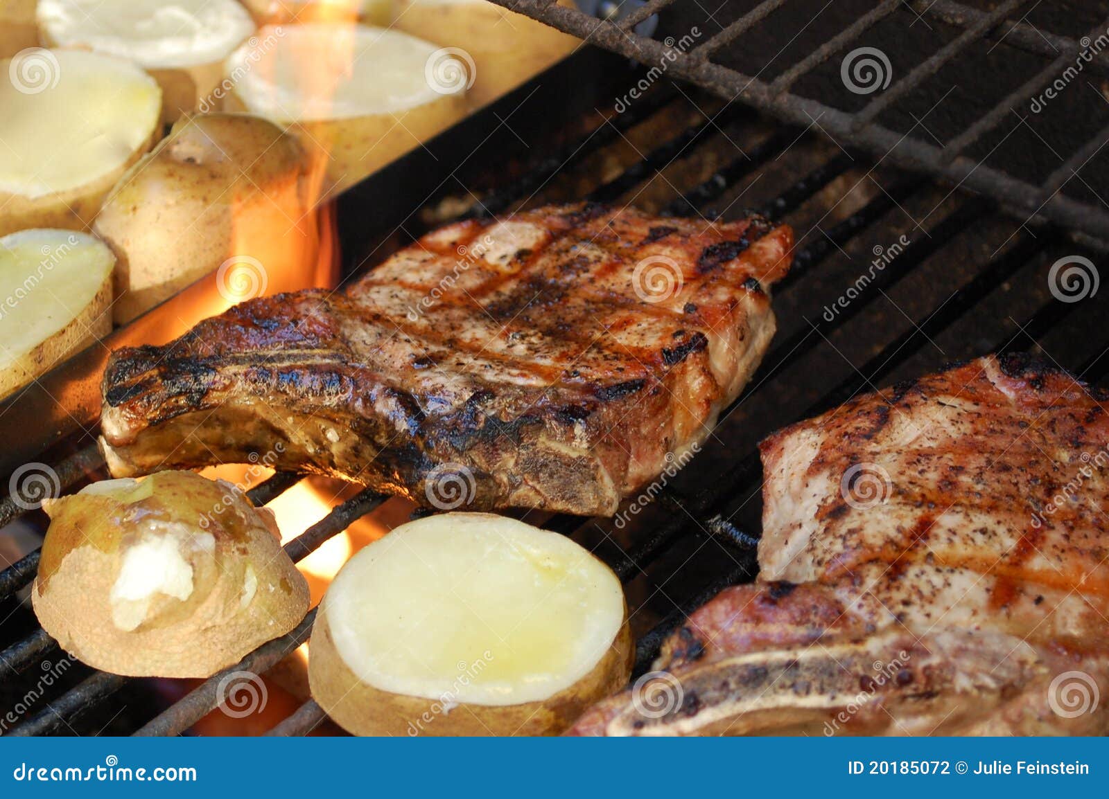 Grilled Pork Chops and Potatoes Stock Photo Image of propane