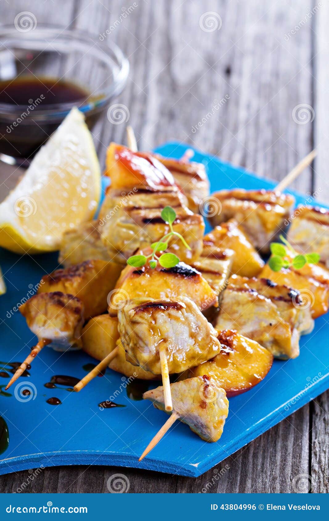 Grilled Pork Kabobs with Peaches Stock Photo Image of fire, kebab