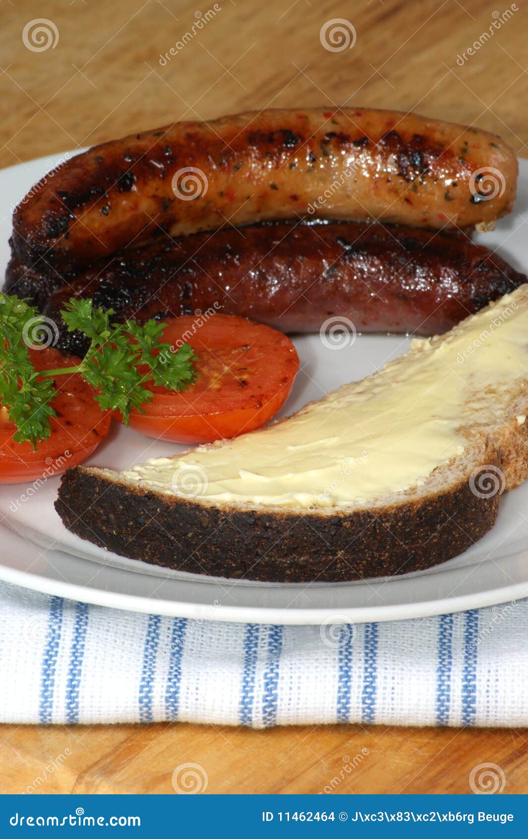 Grilled Pork Sausages, Tomato and Toast Bread Stock Photo Image of