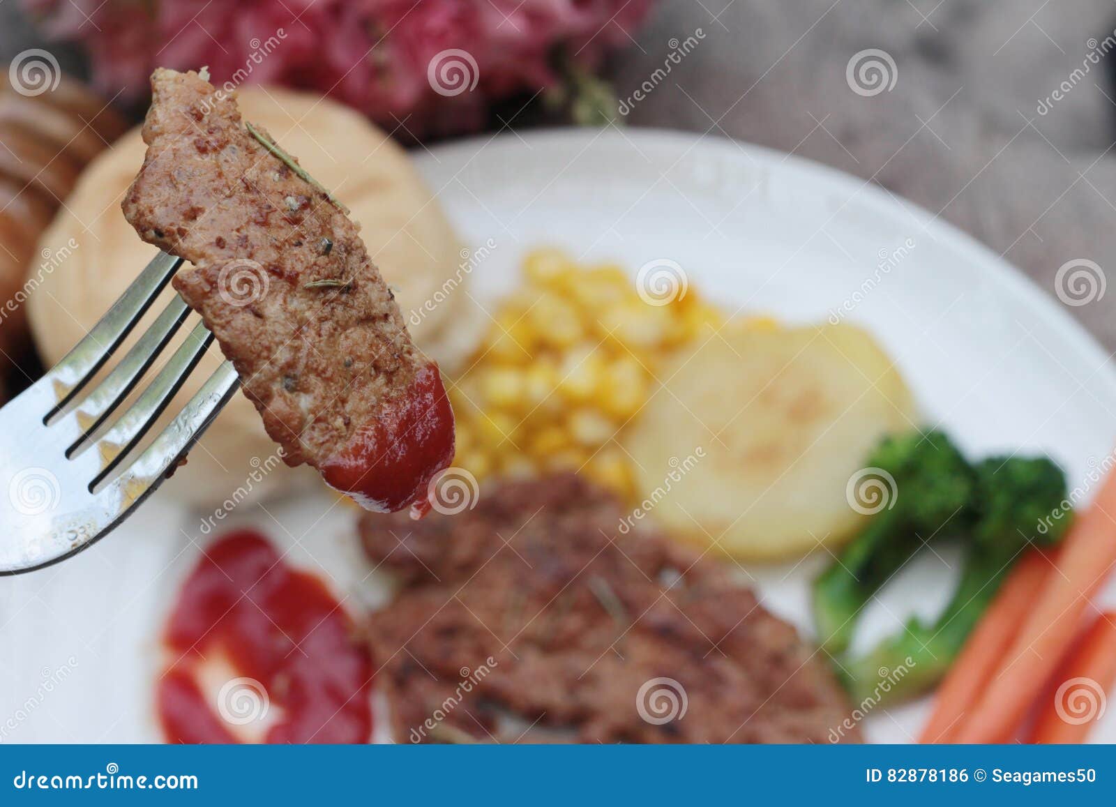 Grilled Pork Steak with Bread and Ketchup. Stock Photo Image of fork