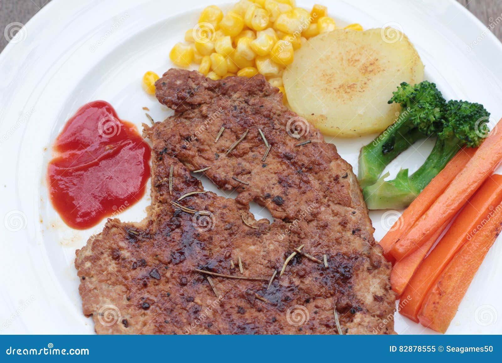 Grilled Pork Steak with Bread and Ketchup. Stock Image Image of