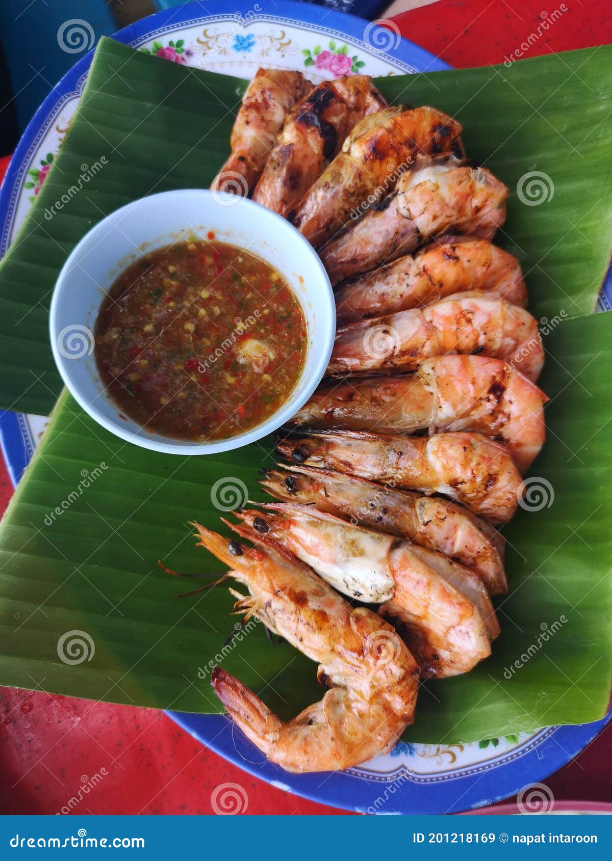 Grilled Prawns with Seafood Sauce on a Plate Stock Image Image of