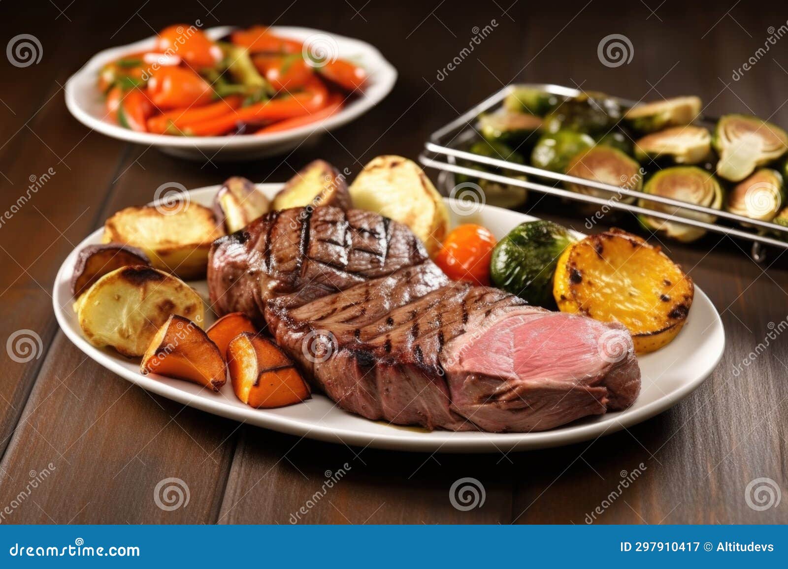 Grilled Ribeye Steak with Roasted Vegetables on Side Stock Image