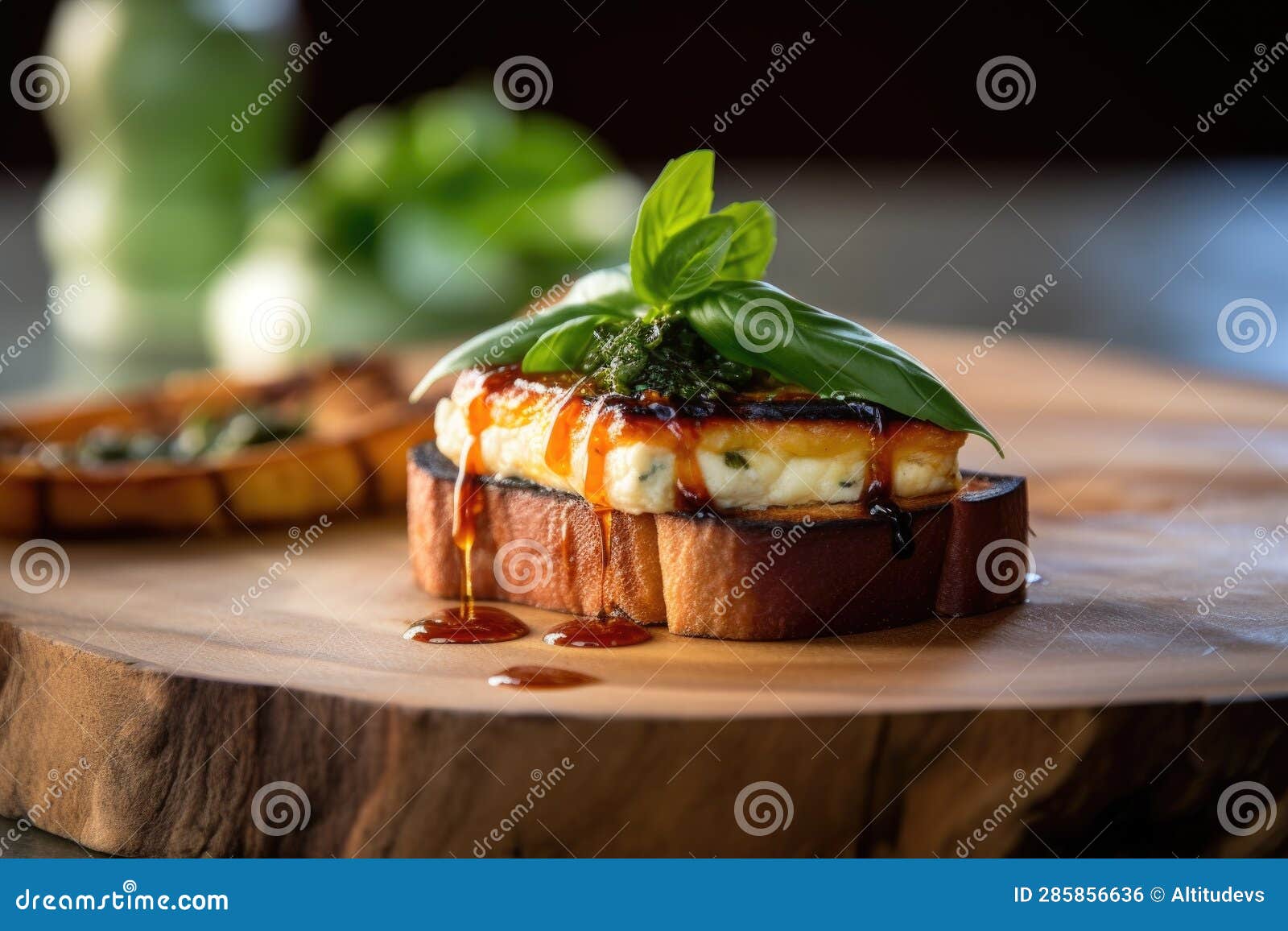 Grilled Ricotta Cheese on Cedar Plank with Fresh Basil Stock Photo