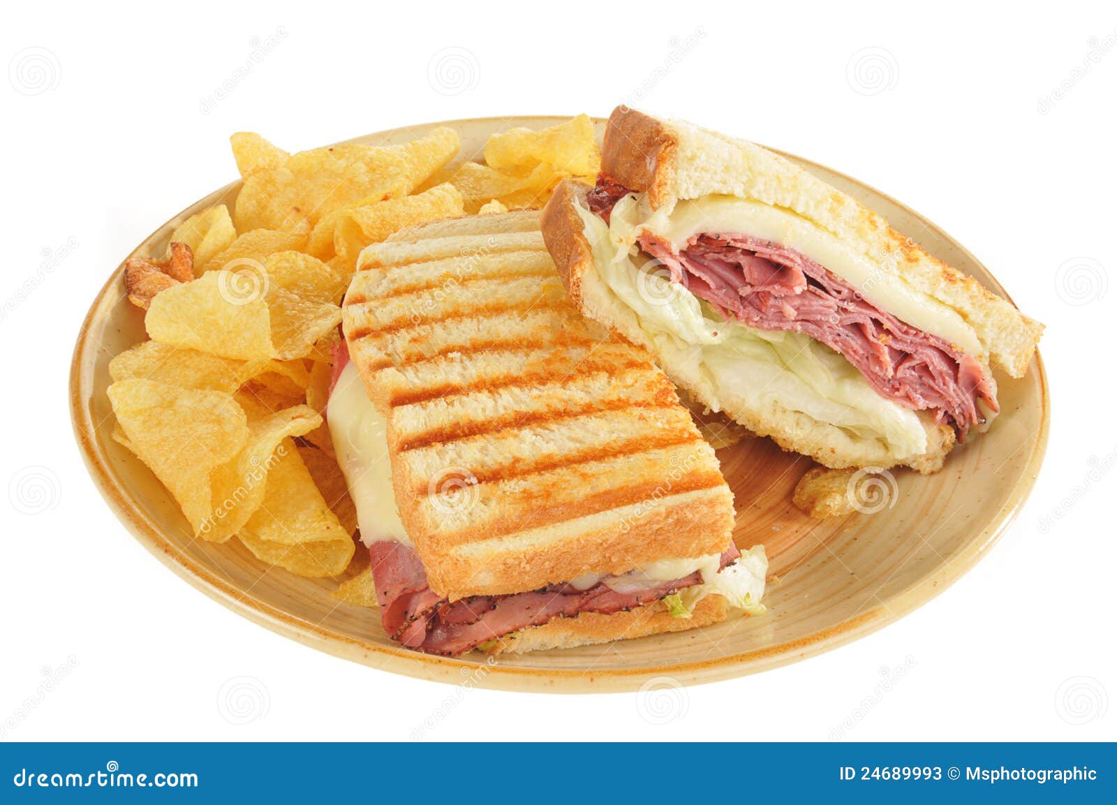 Grilled Roast Beef and Panini Sandwich and Chips Stock Image Image of