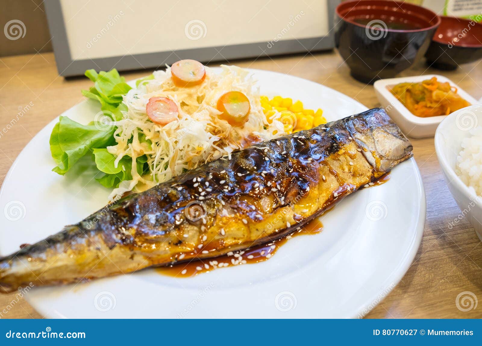 Grilled Saba Fish Sauce Soy with Vegetable Stock Image Image of
