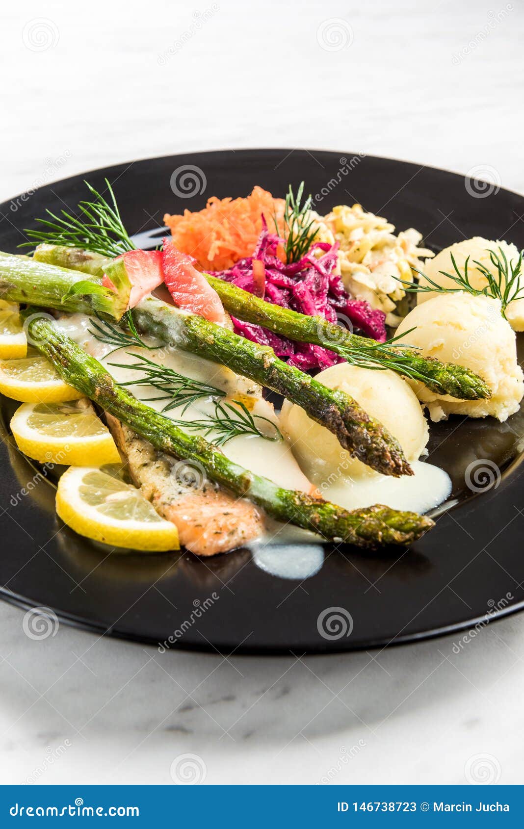 Grilled Salmon with Asparagus and Potatoes, Restaurant Serving Portion