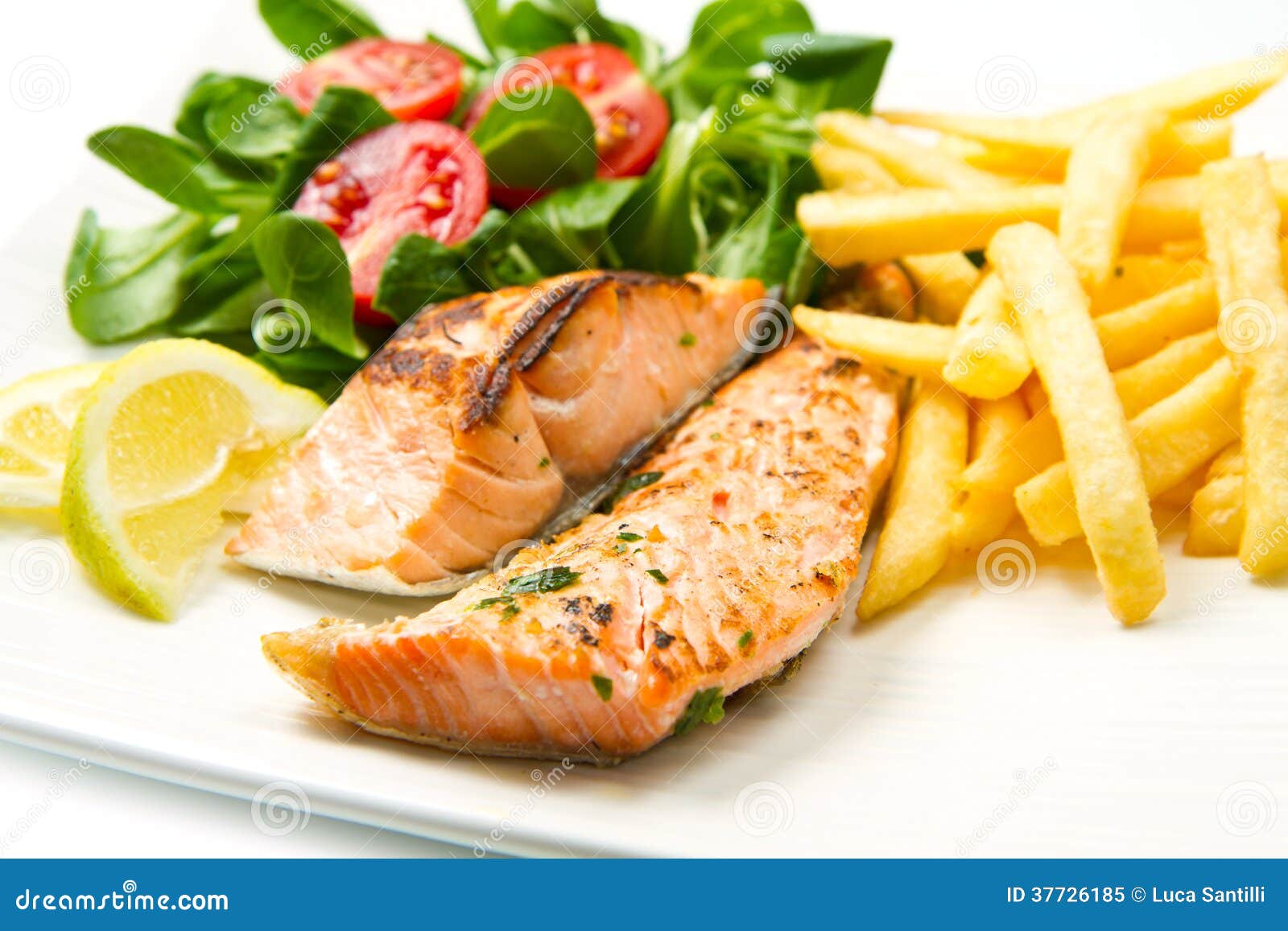 Grilled Salmon with Chips and Vegetables Stock Image Image of food