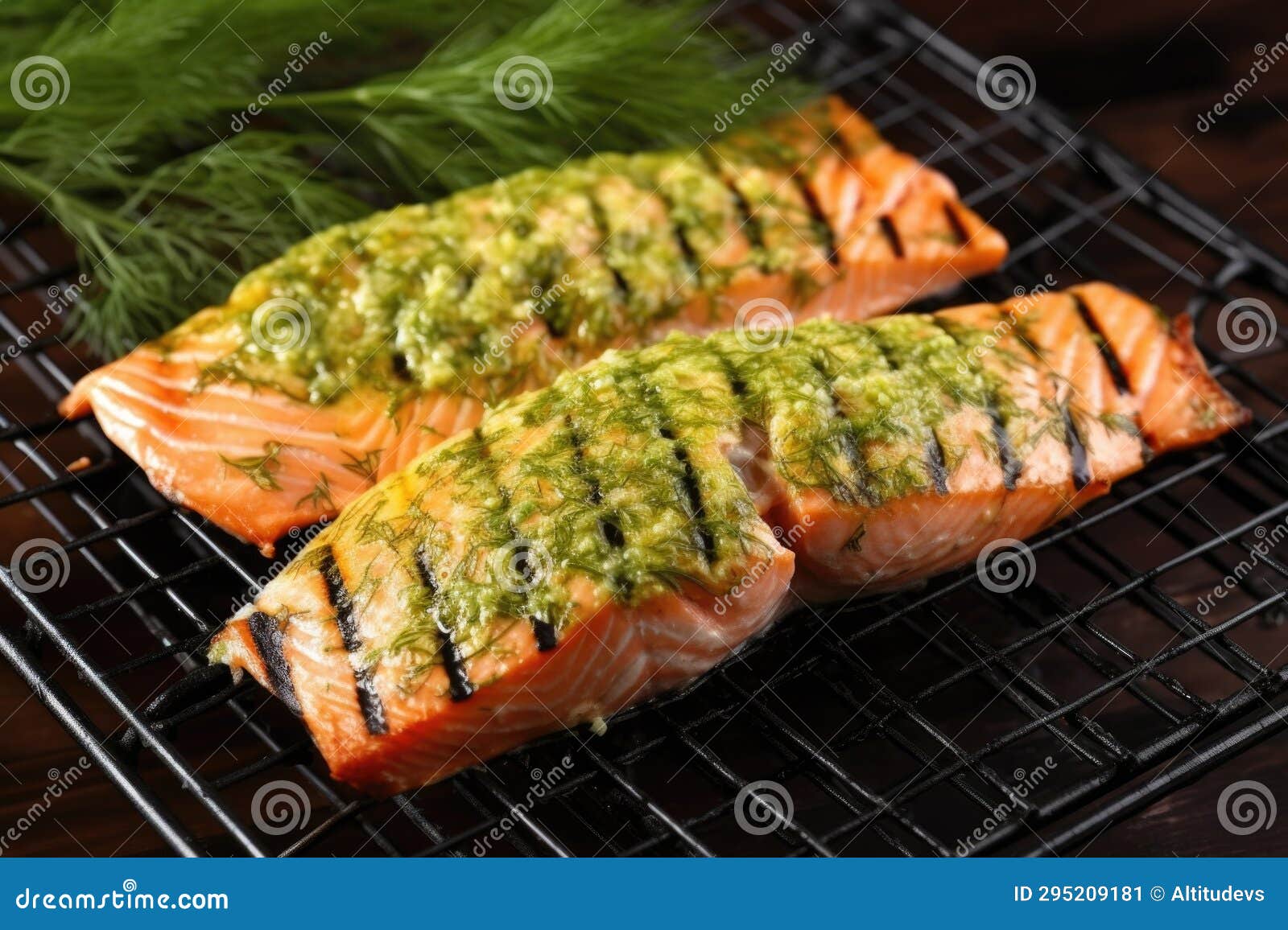 Grilled Salmon with Dill in a Wire Basket Stock Image Image of