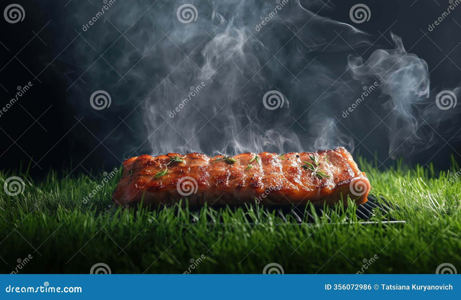 grilled salmon fillet with smoke, herbs, and grass background. juicy, tender texture, vibrant color, aromatic steam