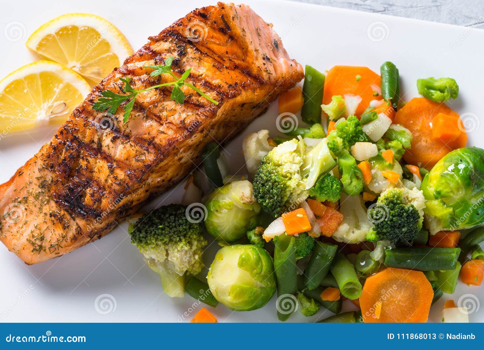Grilled Salmon Fillet with Vegetables Mix. Stock Image - Image of ...