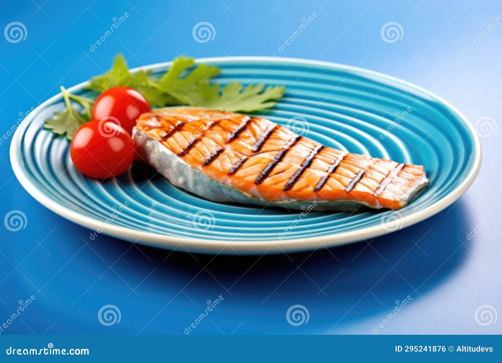 Grilled Salmon Steak with Distinct Mark Lines on a Blue Dish Stock
