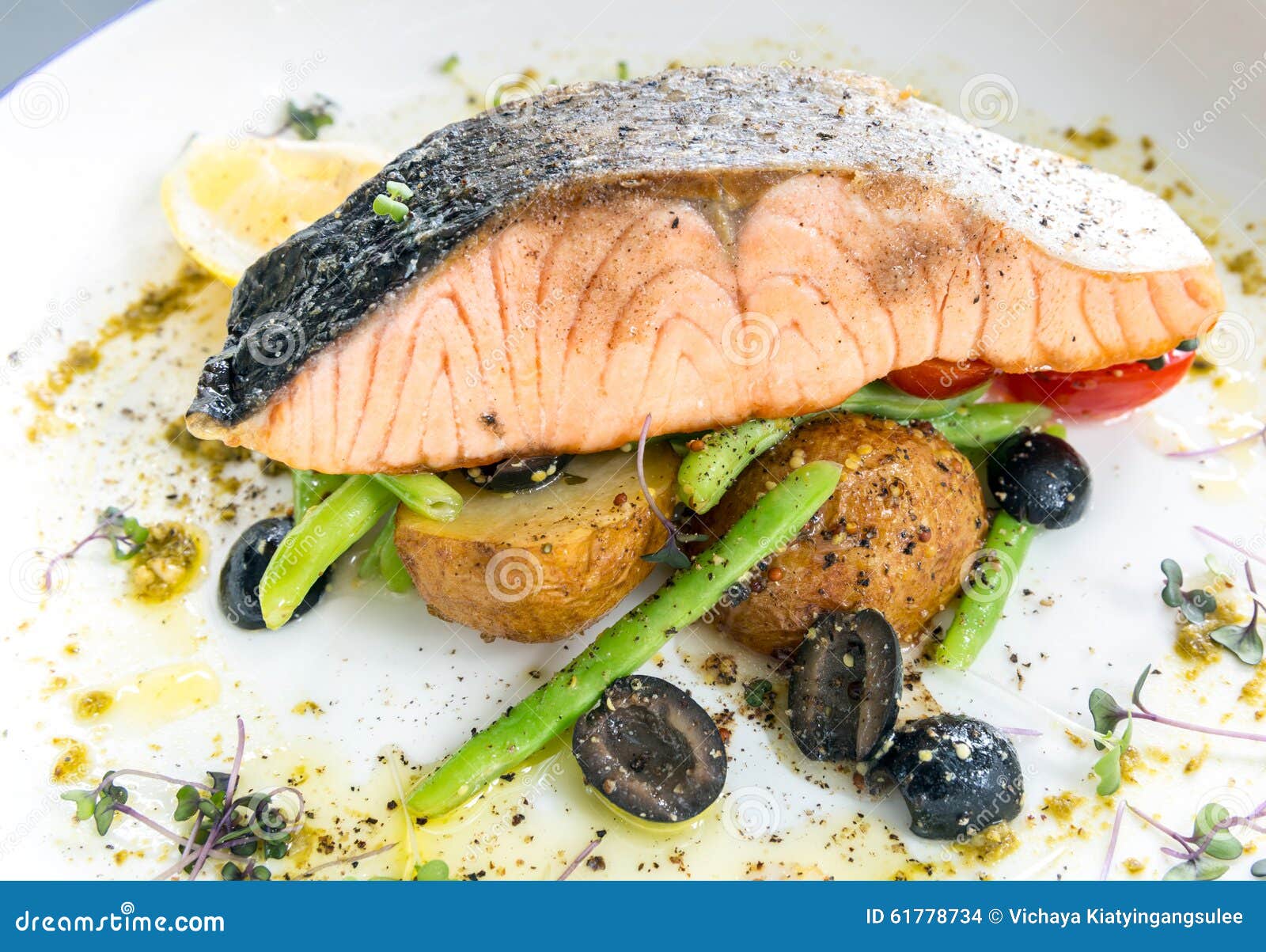 Grilled salmon steak pesto stock photo. Image of roast 61778734