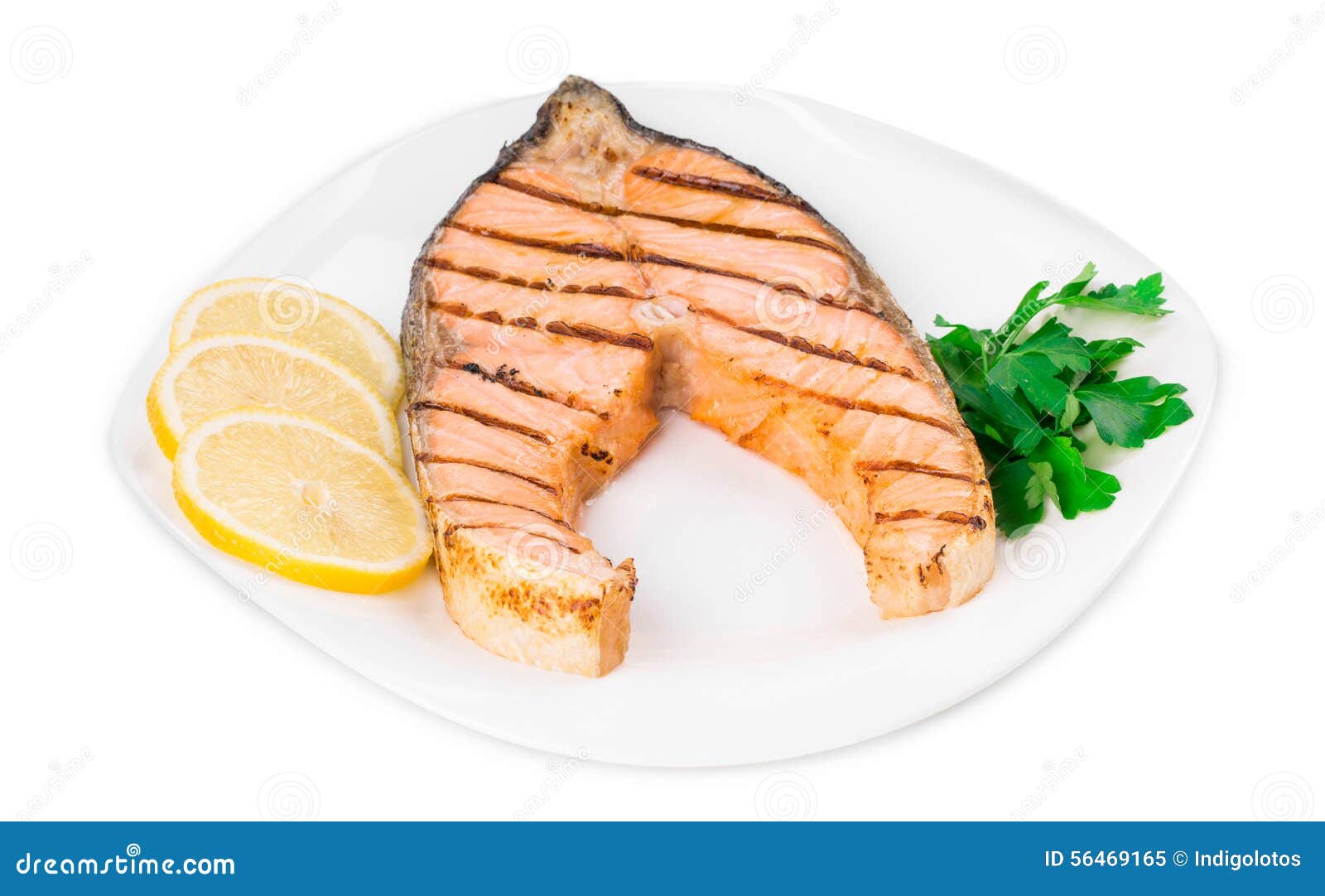 Grilled Salmon Steak with Vegetables on Plate. Stock Image - Image of ...