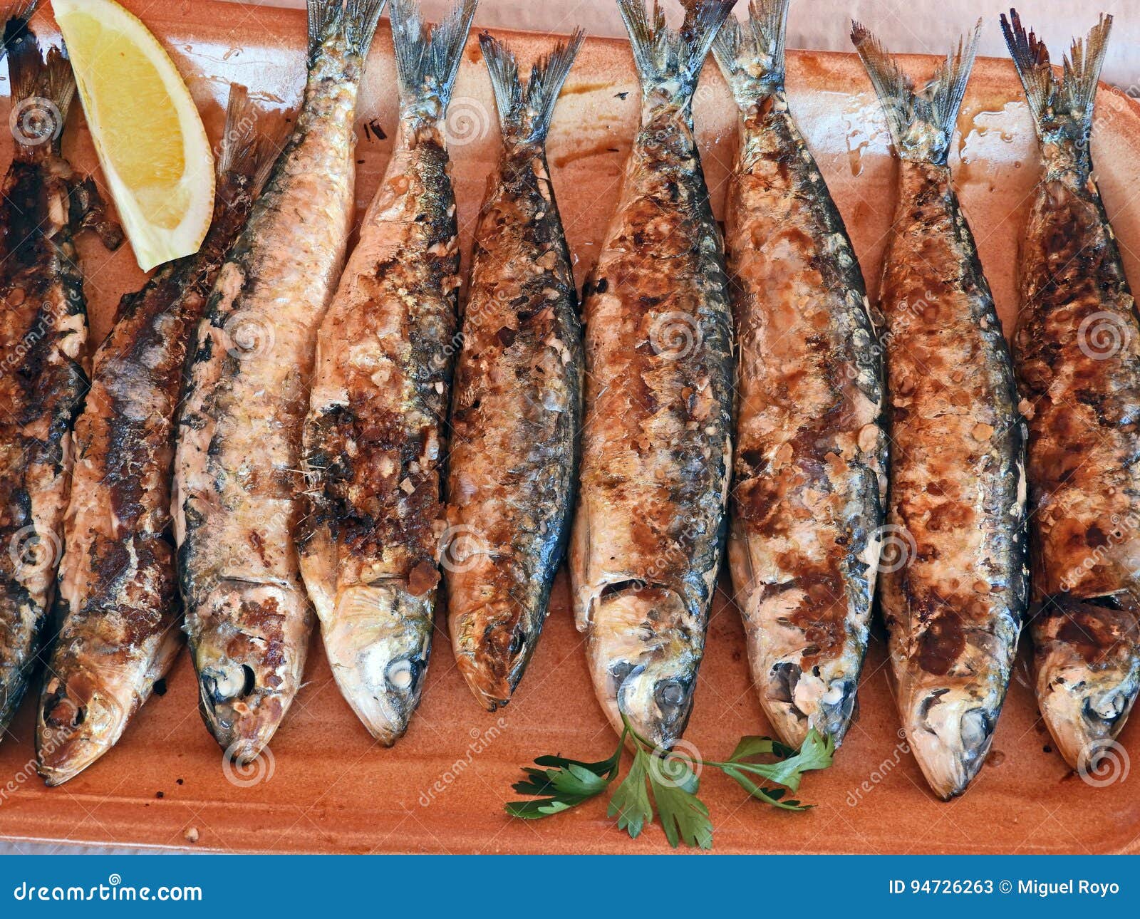 Grilled sardines stock image. Image of lemon, diet, eating 94726263