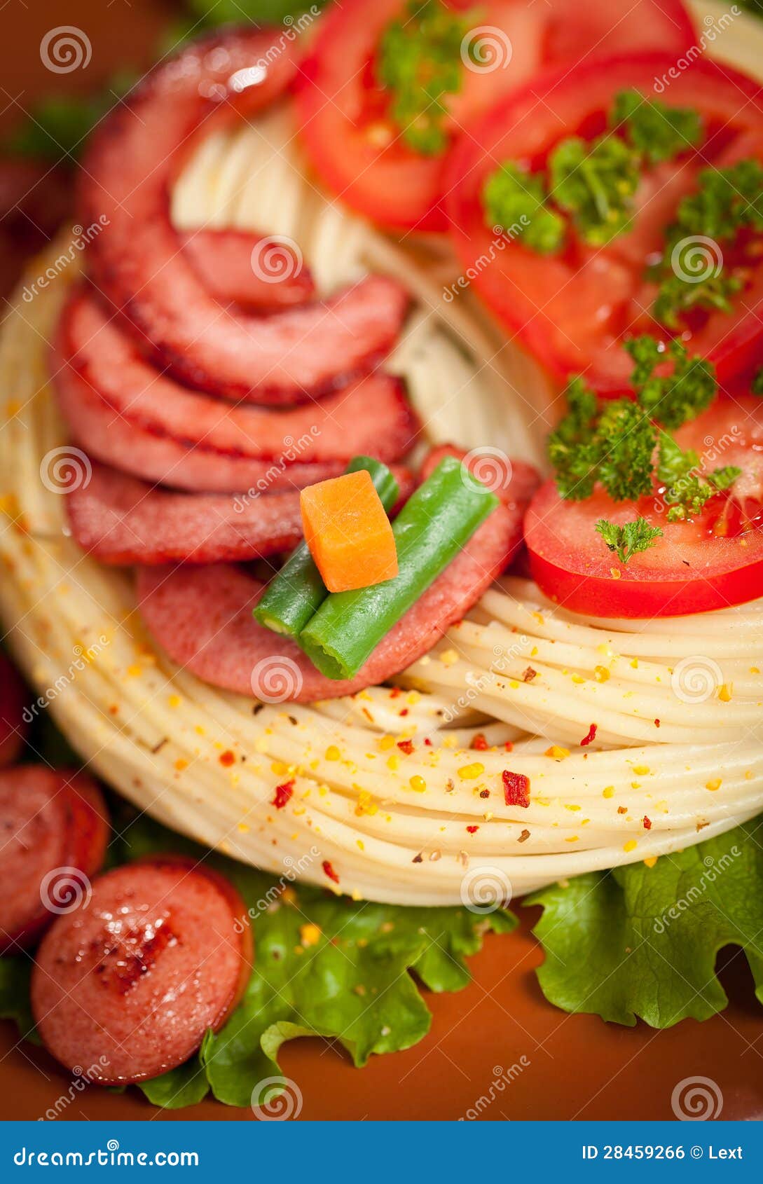 Grilled Sausage with Pasta, Vegetables Stock Photo Image of foodstuff, kitchen 28459266