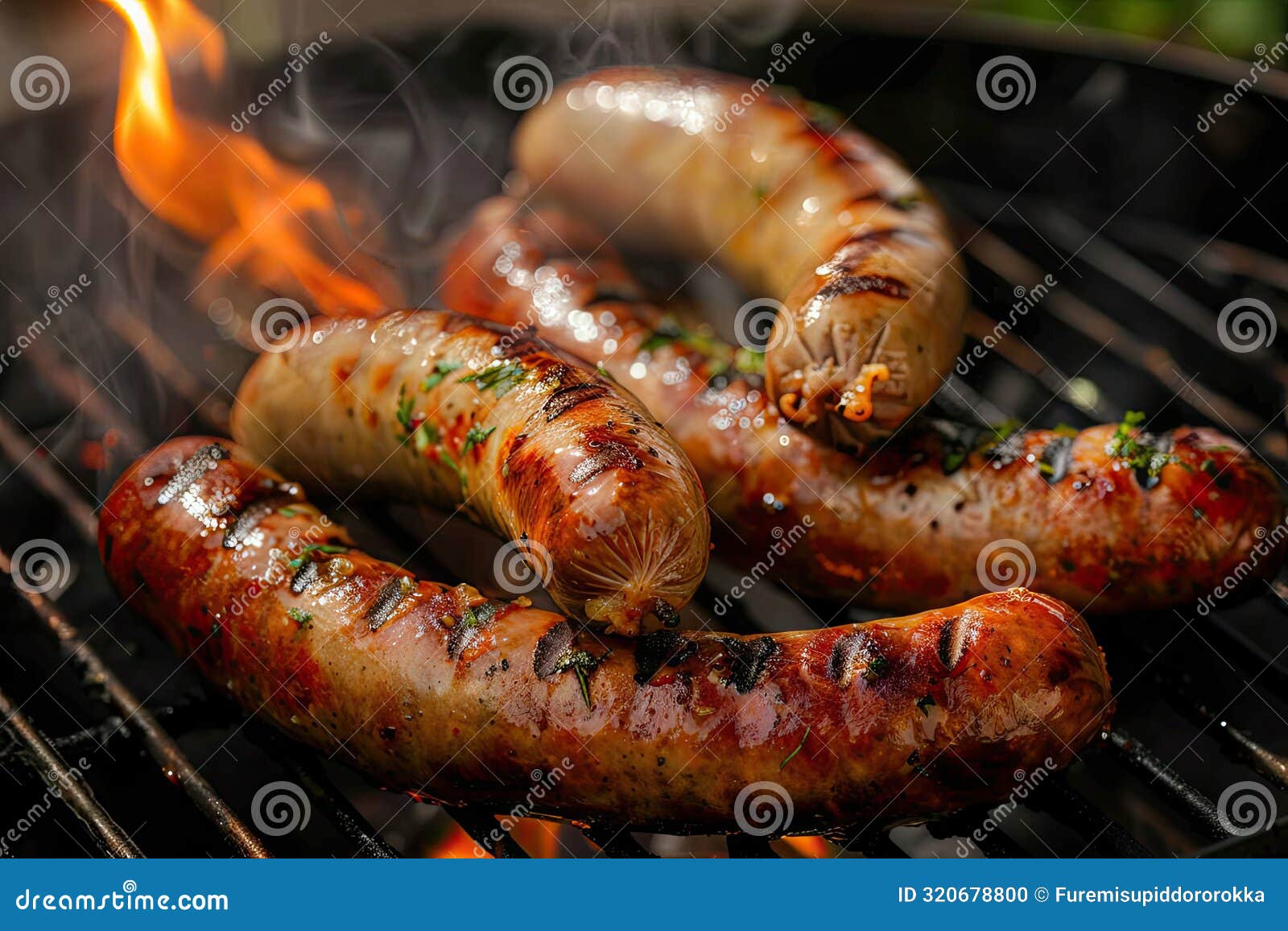 grilled sausages closeup bbq with fiery sausages on the grill