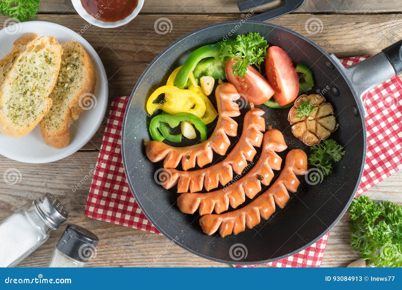 Grilled Sausages on a Frying Pan. Stock Image Image of fire, cooking 93084913