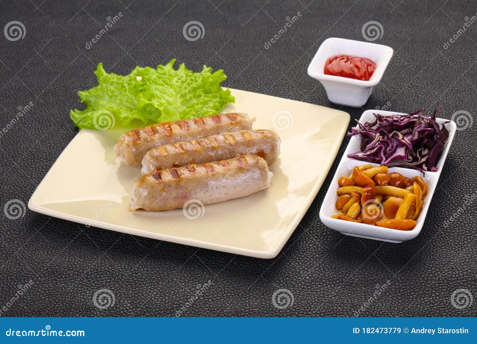 Grilled Sausages Served Mushrooms and Cabbage Stock Image Image of tasty, food 182473779