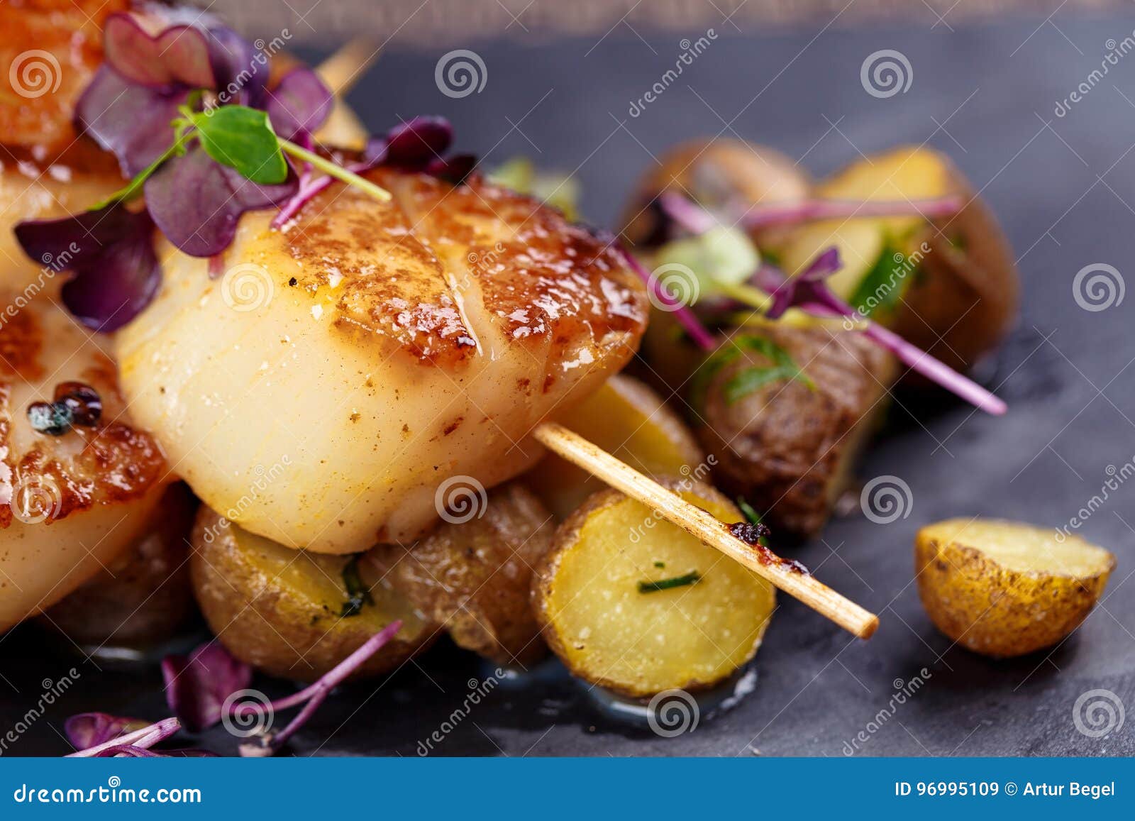 Grilled Scallops with Roasted Young Potatoes Stock Image Image of