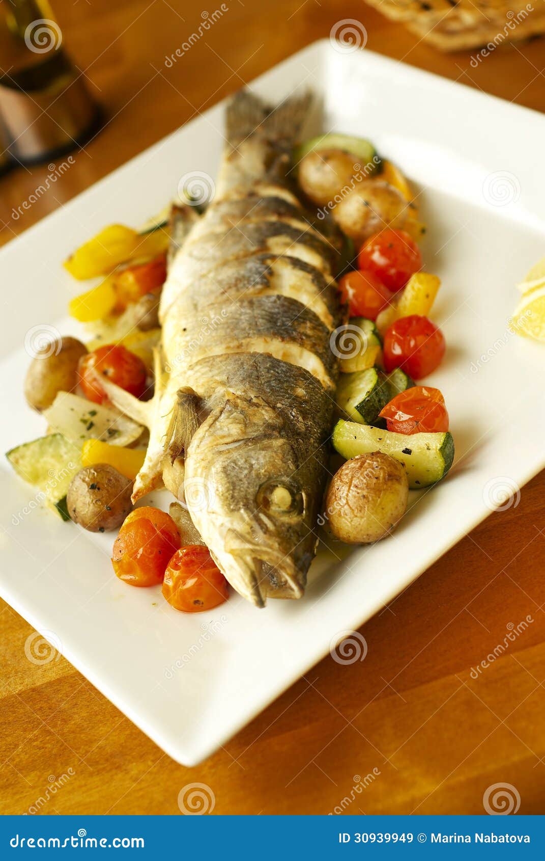 Grilled Sea Bass with Vegetables Stock Image Image of meal, lettuce