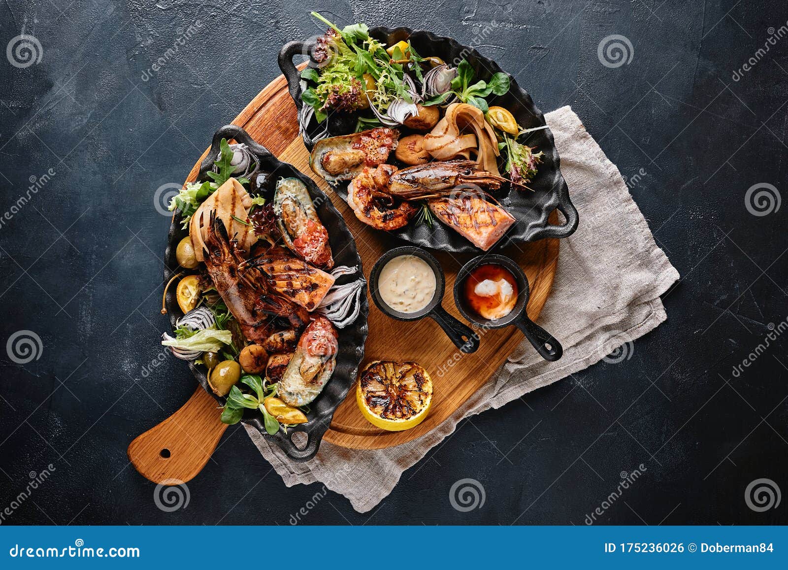 Grilled Seafood Platter. Assorted Delicious Grilled Seafood with Vegetables  Stock Photo - Image of dish, closeup: 175236026