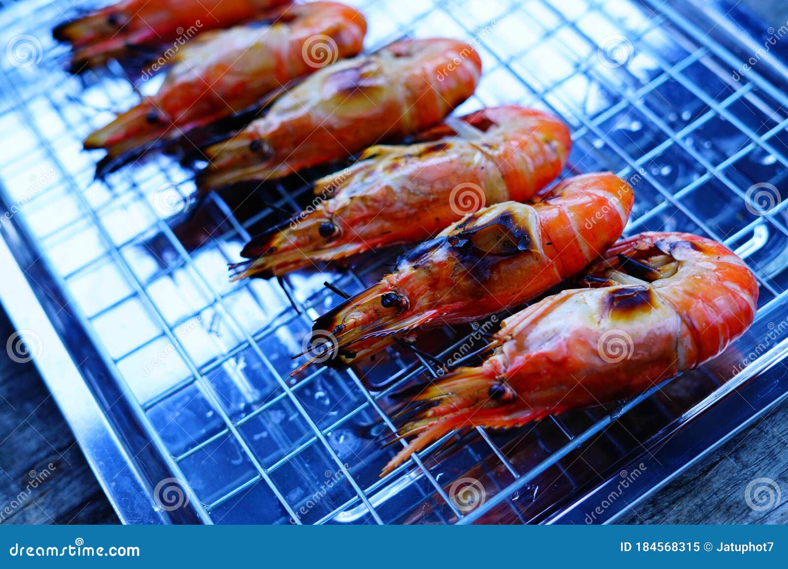 Grilled Shrimp Giant Freshwater River Prawn Grilling with Charcoal at ...