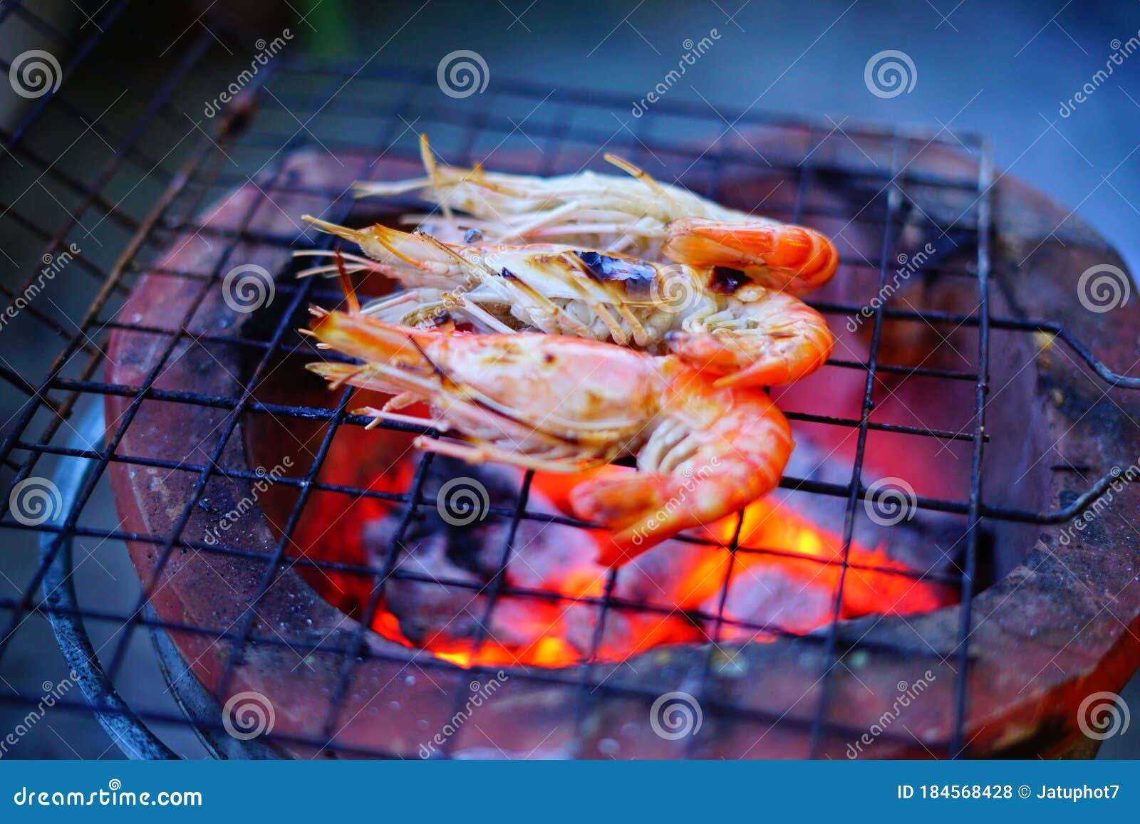 Grilled Shrimp Giant Freshwater River Prawn Grilling with Charcoal at ...