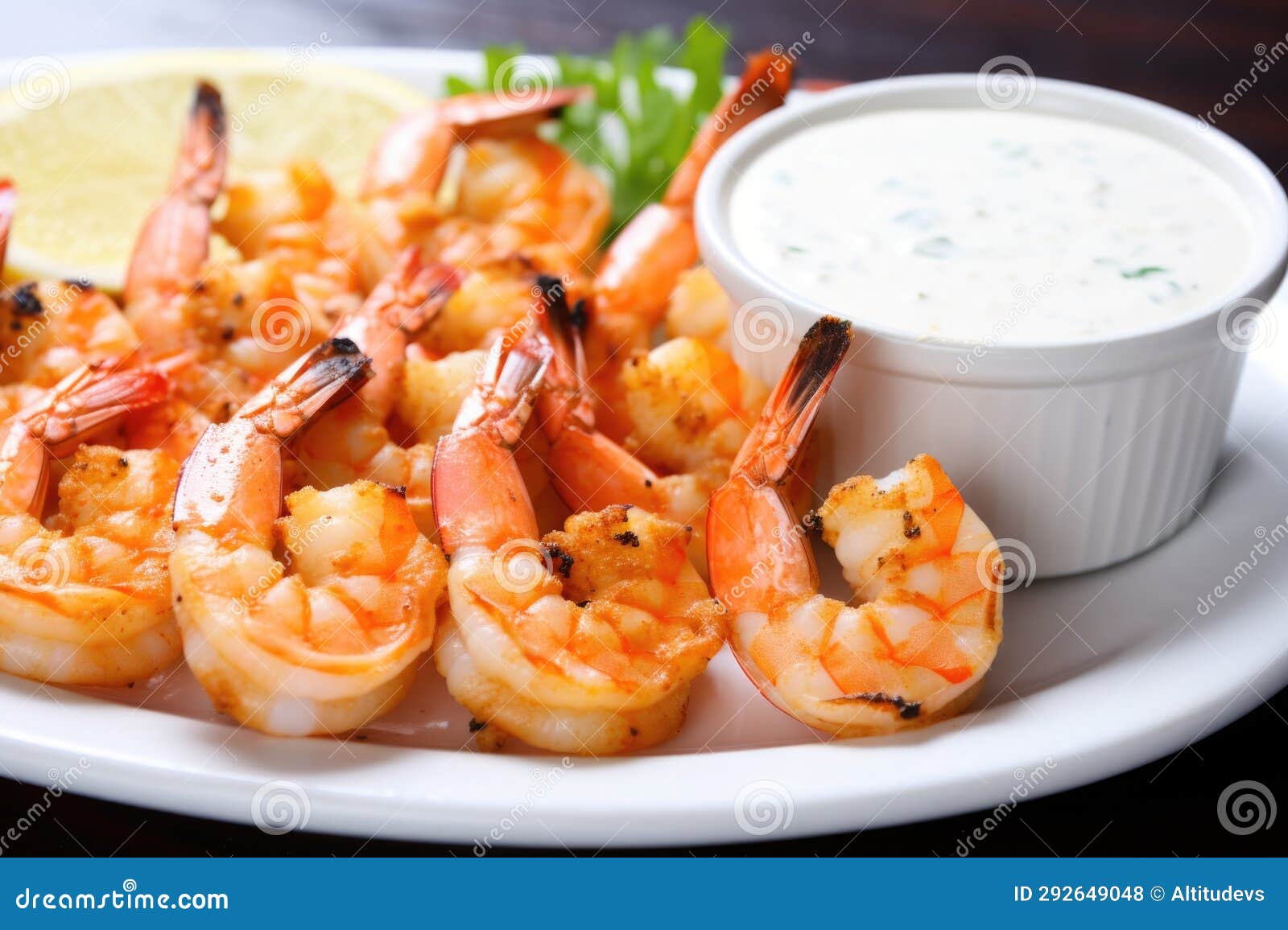 Grilled Shrimp with a White Dipping Sauce in Shot Stock Photo Image