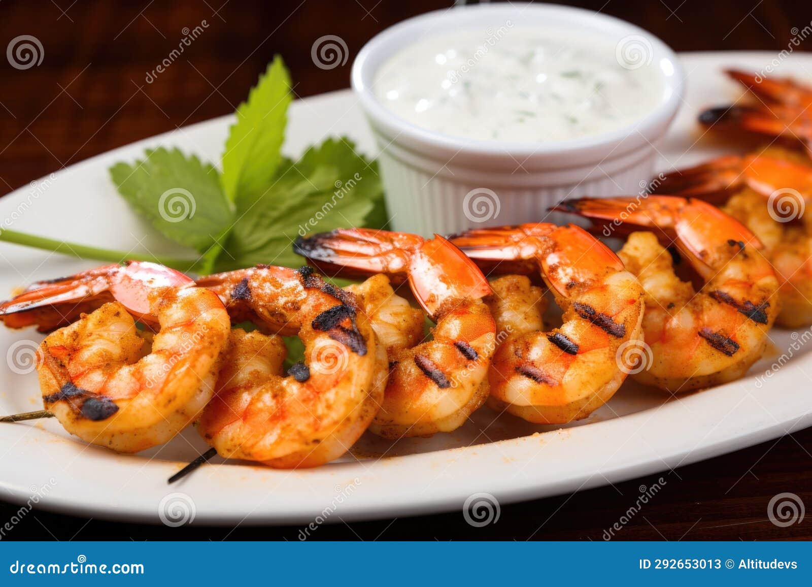 Grilled Shrimp with a White Dipping Sauce in Shot Stock Image Image
