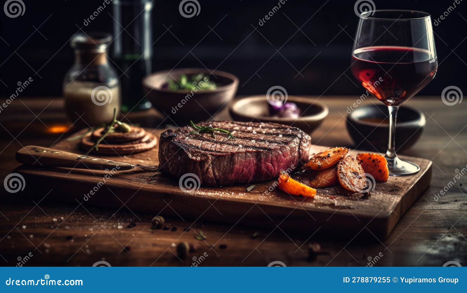 Grilled Sirloin Steak, Cooked Rare, with Red Wine Refreshment Generated