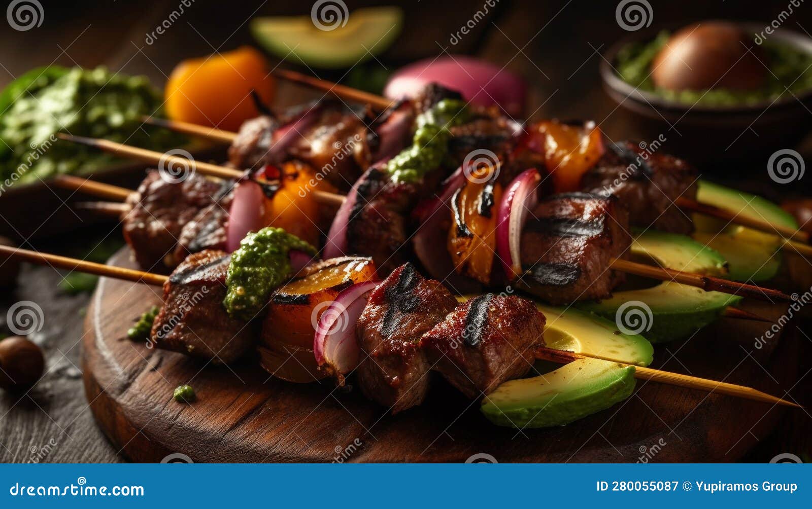 Grilled Skewered Meat and Vegetables, a Gourmet Summer Appetizer Generative AI Stock