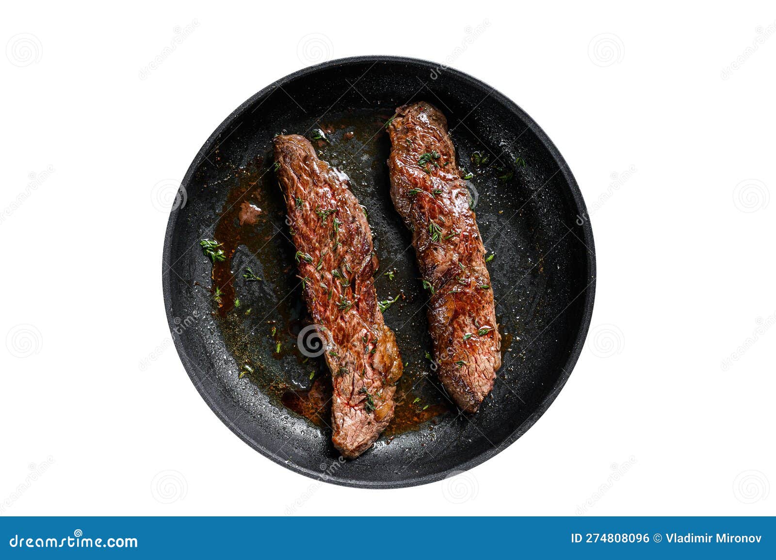Grilled Skirt Machete Steak in a Pan. Isolated on White Background. Stock Photo Image of