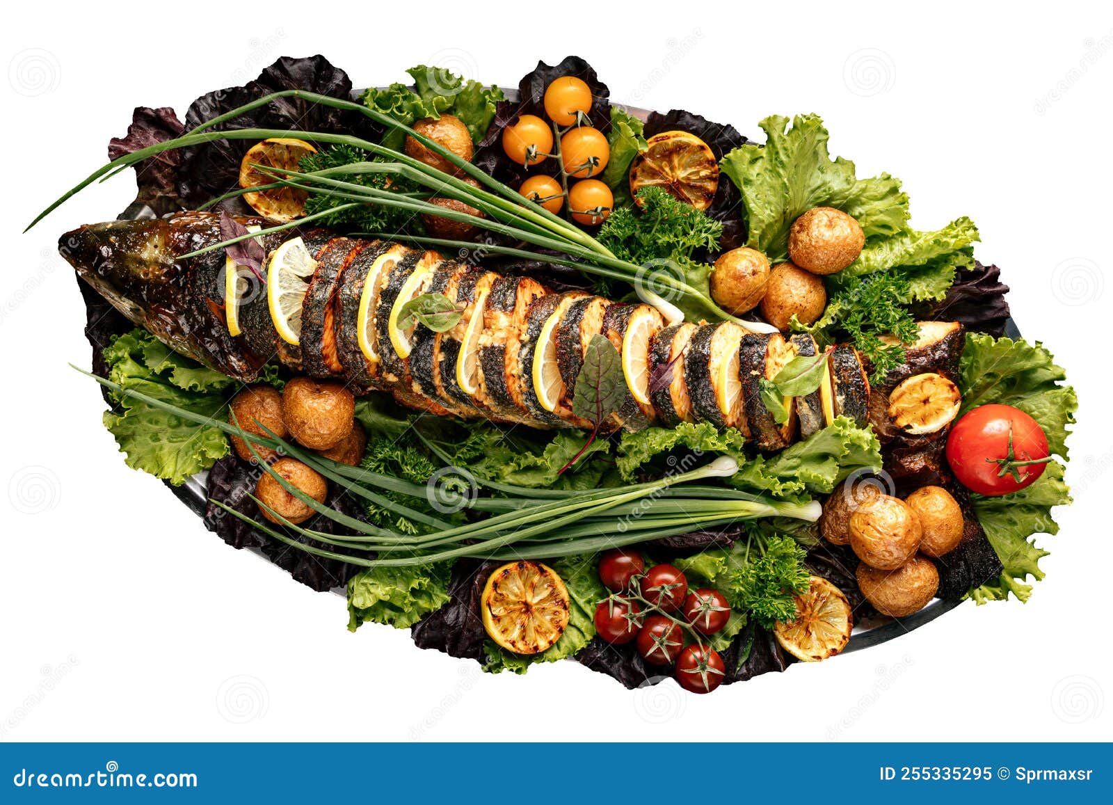 Grilled Sliced Fish Banquet Dish with Vegetables Stock Image Image of