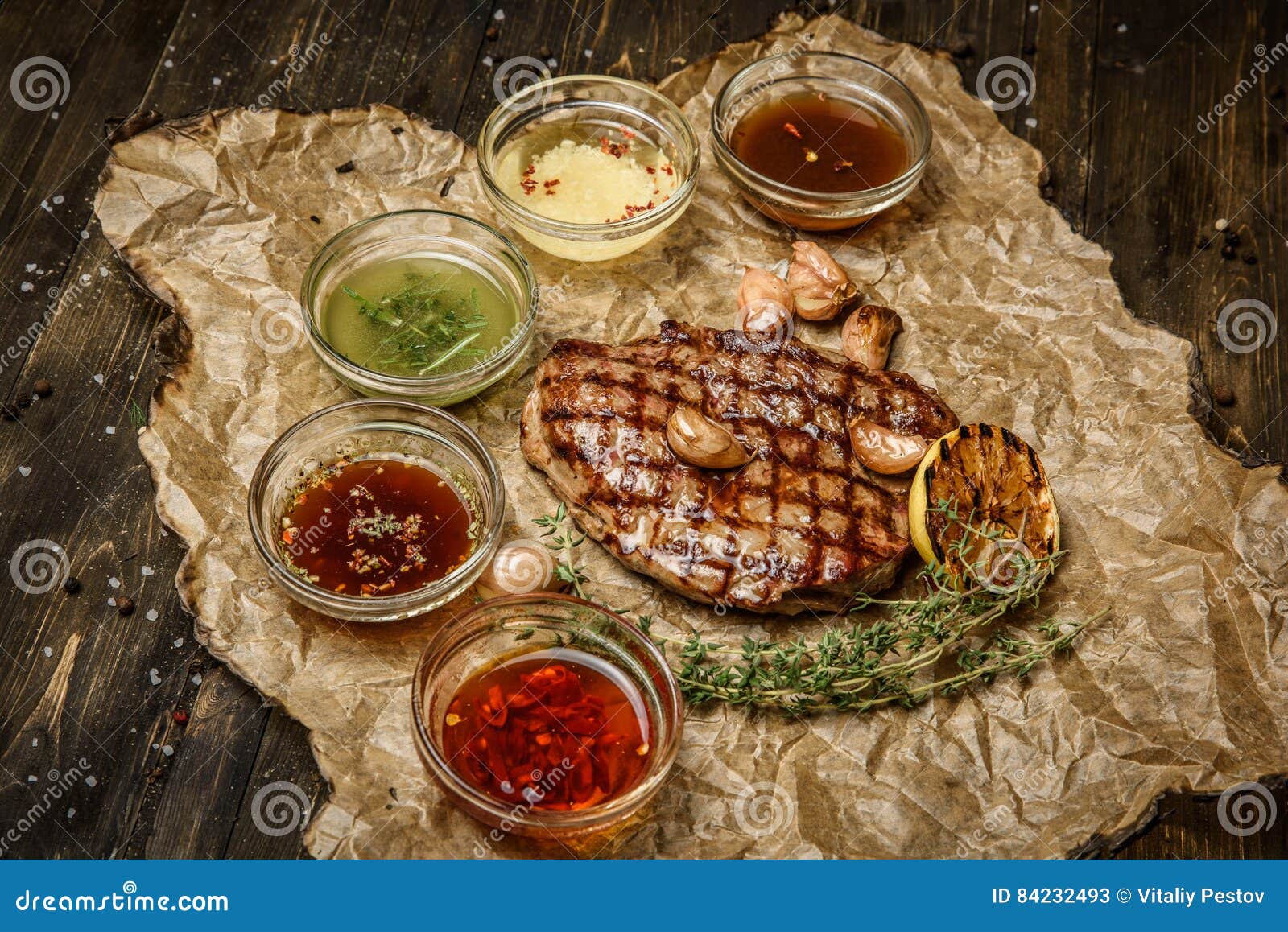 Grilled Steak with Different Sauces, on Parchment. Vertical Top View Stock Image Image of