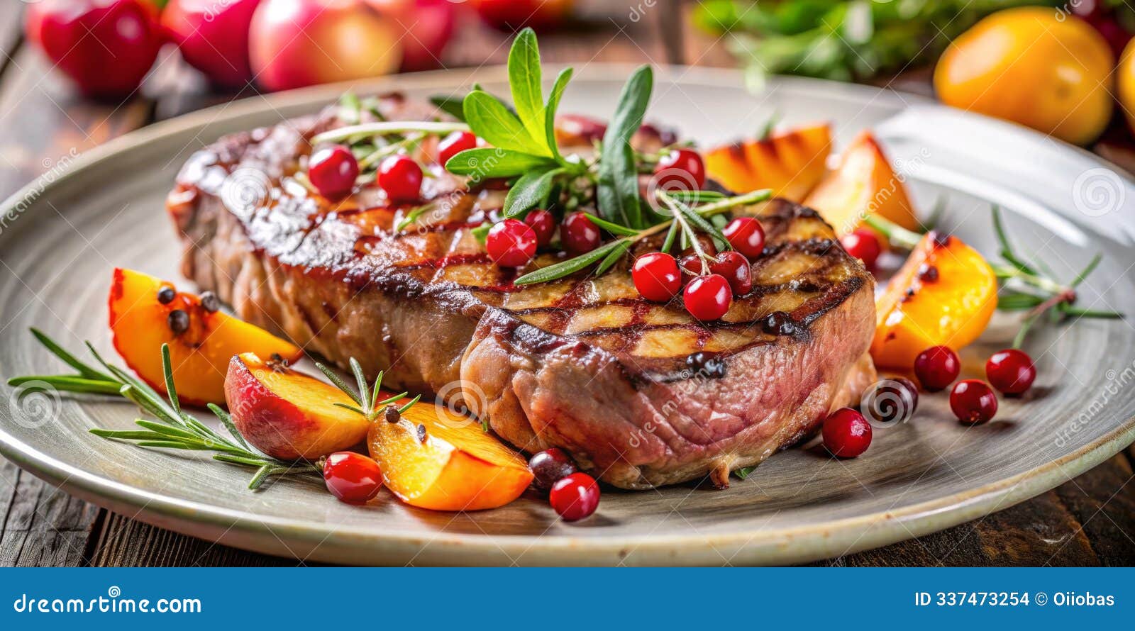grilled steak with peach and cranberry garnish on a rustic plate