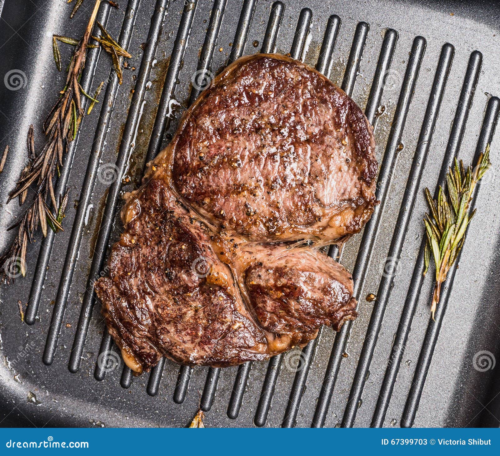 Grilled Steak Striploin on Grill Iron Pan, Top View, Close Up Stock ...