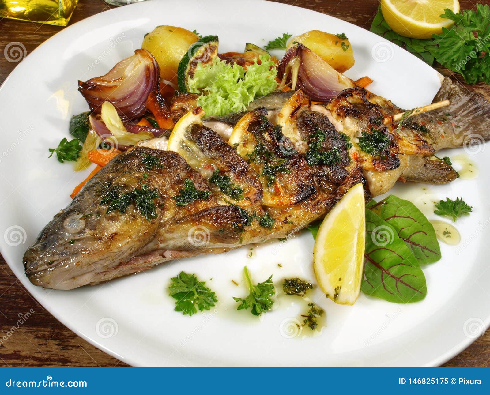 Grilled Trout with Potatos stock image. Image of cooked 146825175