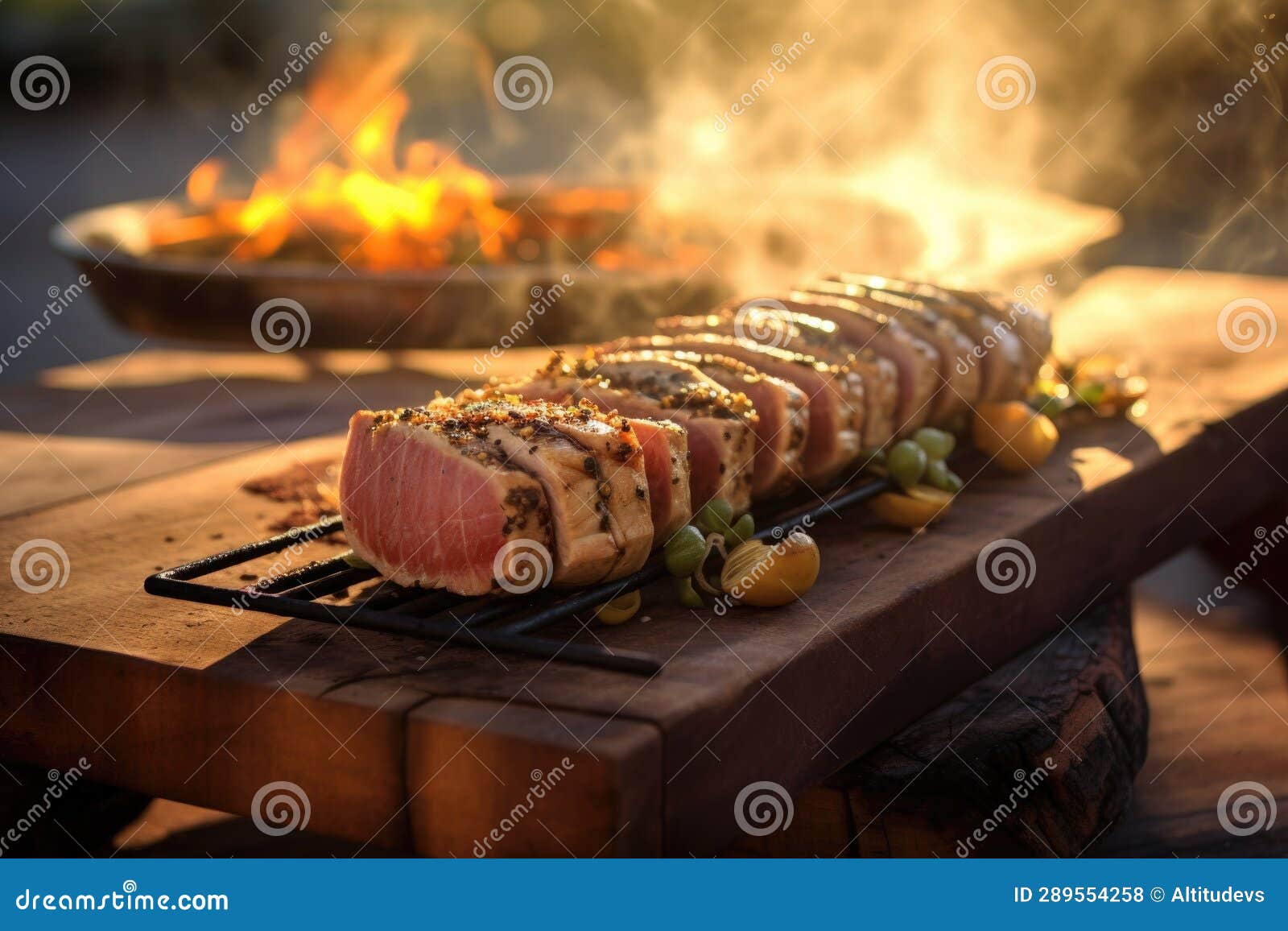 Grilled Tuna on Cedar Plank, Steaming in Sunlight Stock Illustration