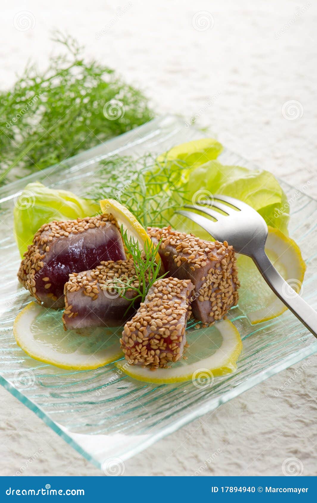 Grilled Tuna with Seed Sesame Stock Photo Image of lemon, fork 17894940