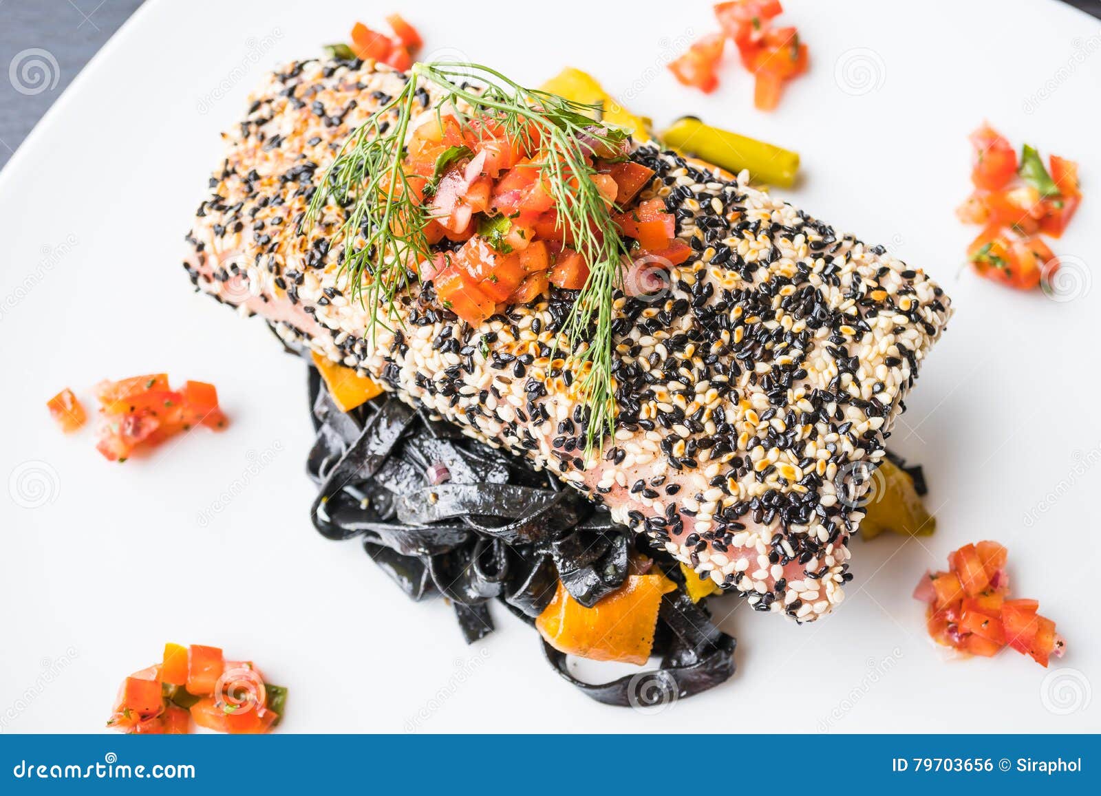 Grilled Tuna Steak with Pasta and Vegetable Stock Photo Image of