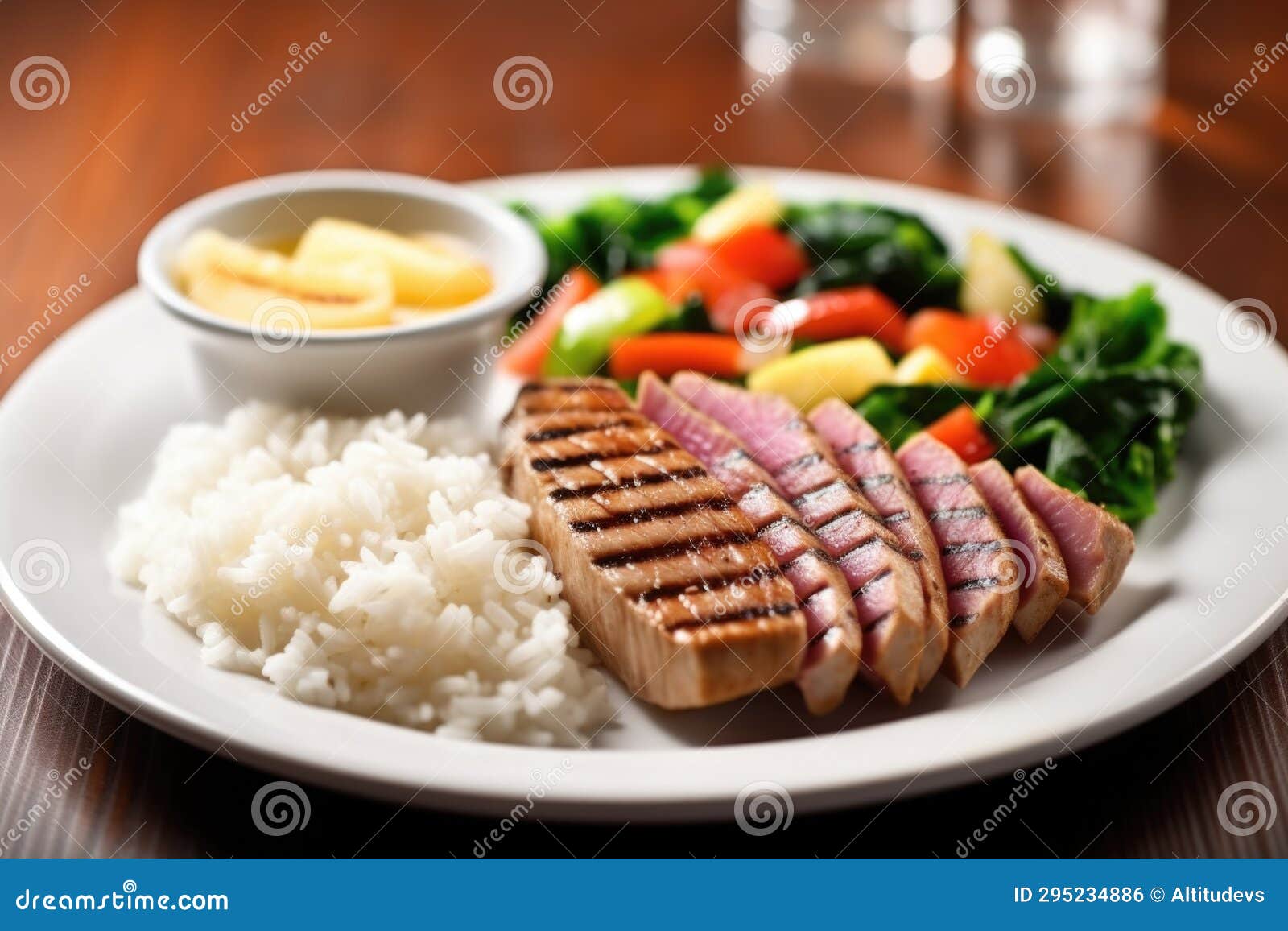 Grilled Tuna Steak Served with a Side of Rice Stock Photo - Image of